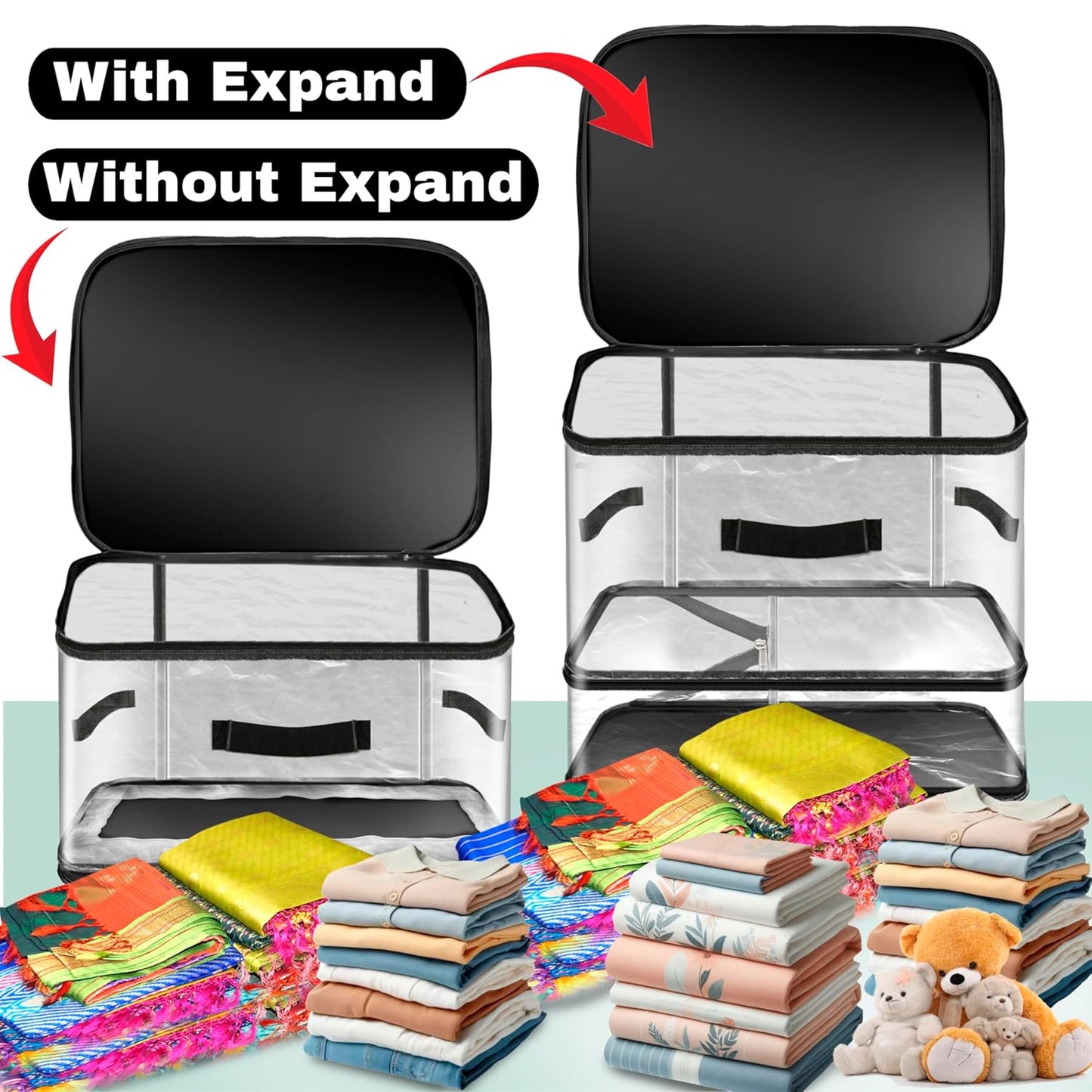 Storite 2 Pack Nylon PVC Transparent Expandable Organizer Storage box for Clothes Closet Wardrobe Space Saving Self Compression Organizer for Clothes Saree Bags with Carry Handle (Grey, 35x44x32 cm)