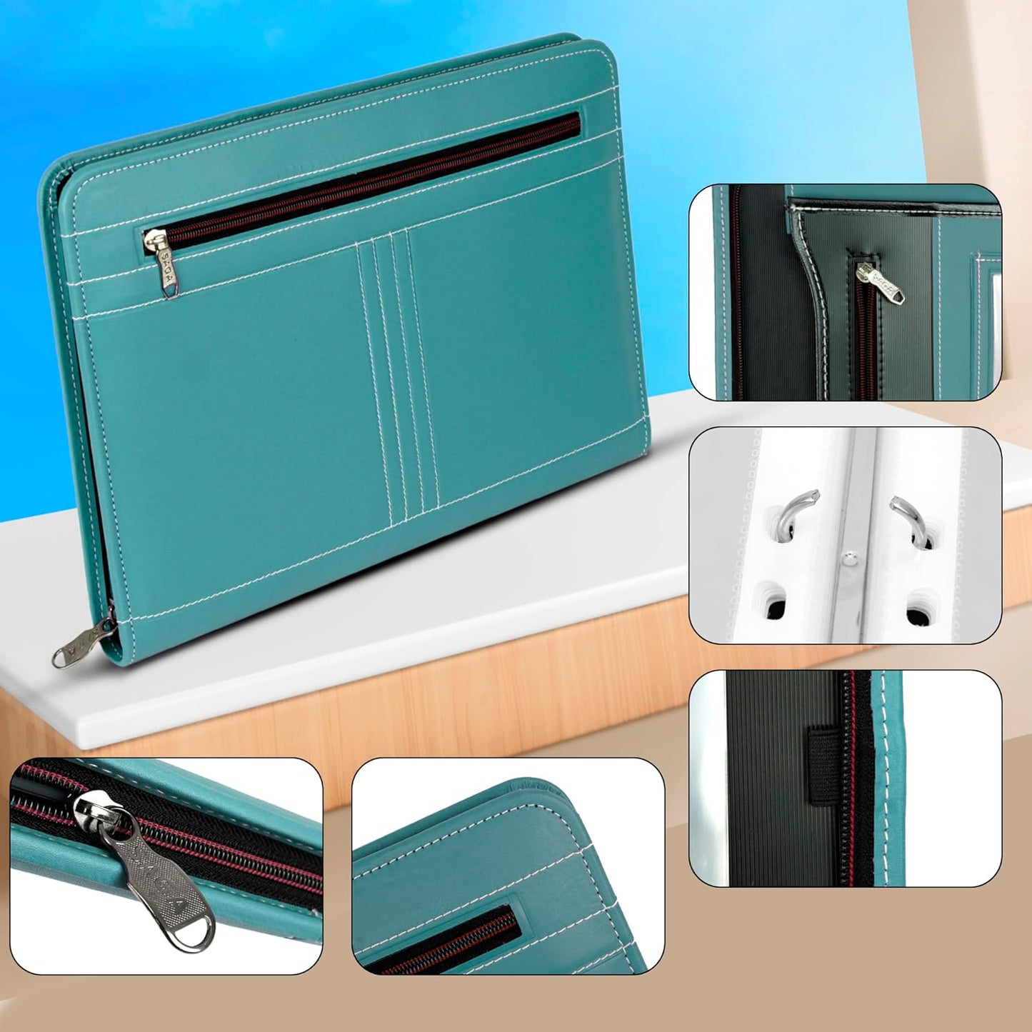 Storite PU Leather 4 Ring Professional File Folder for Documents Certificates, Conference Folder, File with 20 Leafs (Green)