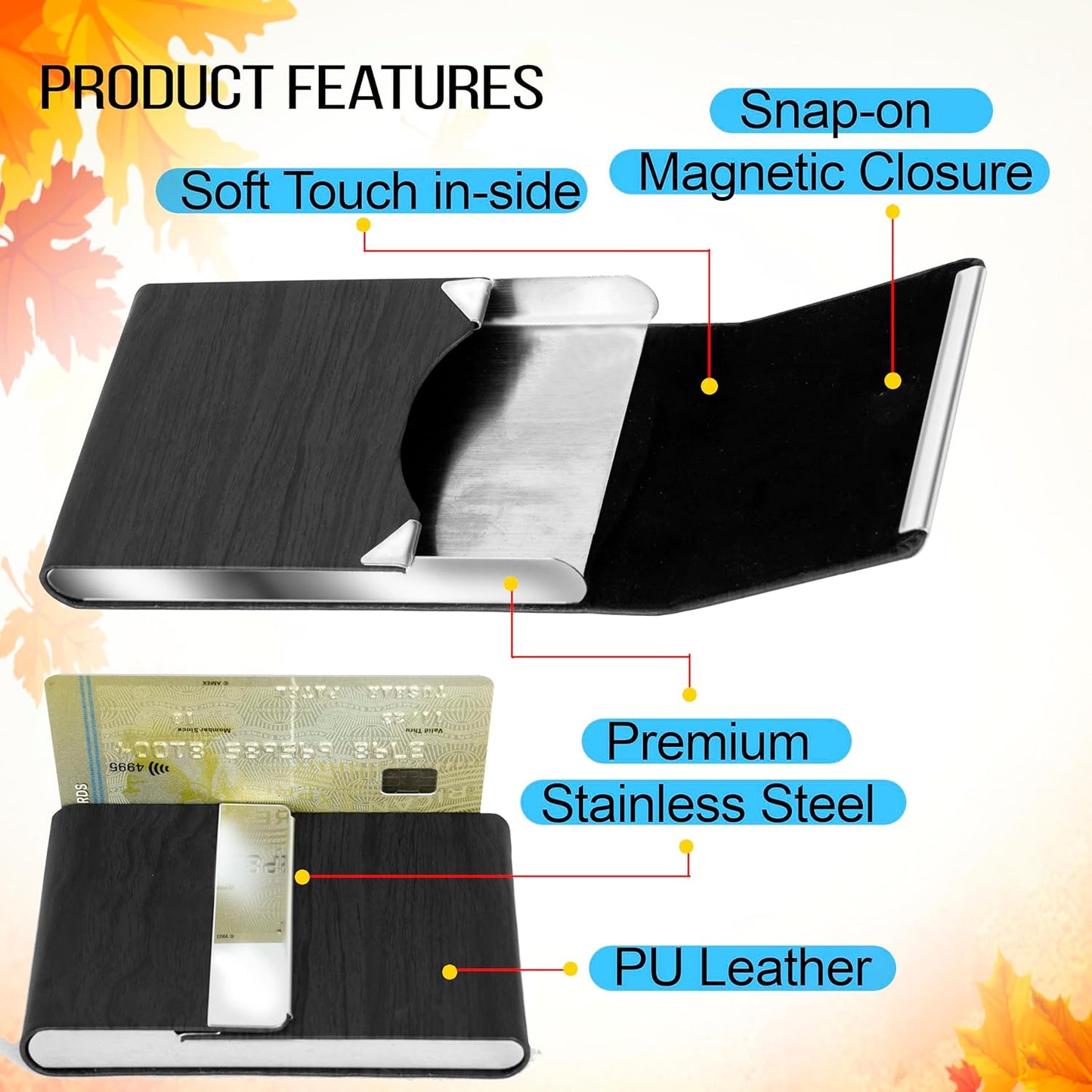 Storite Vertical Wooden Texture Card Holder, PU Leather and Stainless Steel Credit Card Wallet, Business Card Holder for Men and Women (Black -9 x 1 x 6 Cm)
