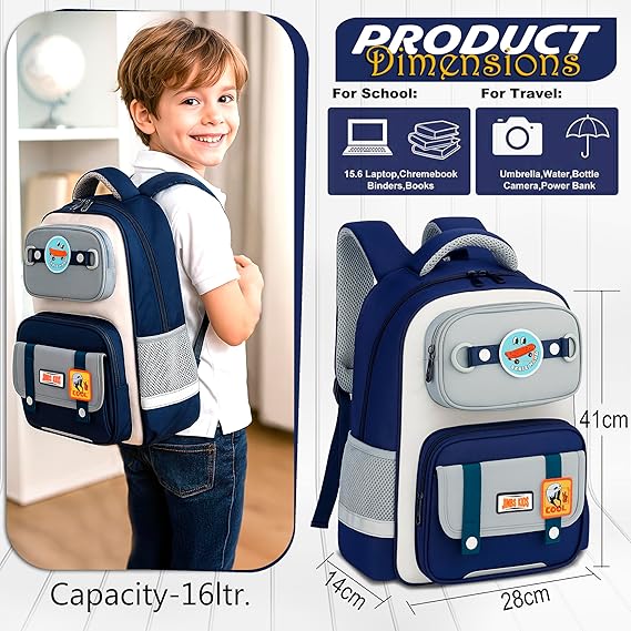 Storite Skateboard Theme School Backpack – Durable & Lightweight Bag with Cartoon Patches, Suitable for Class 5–8 Students – Navy Blue & Grey
