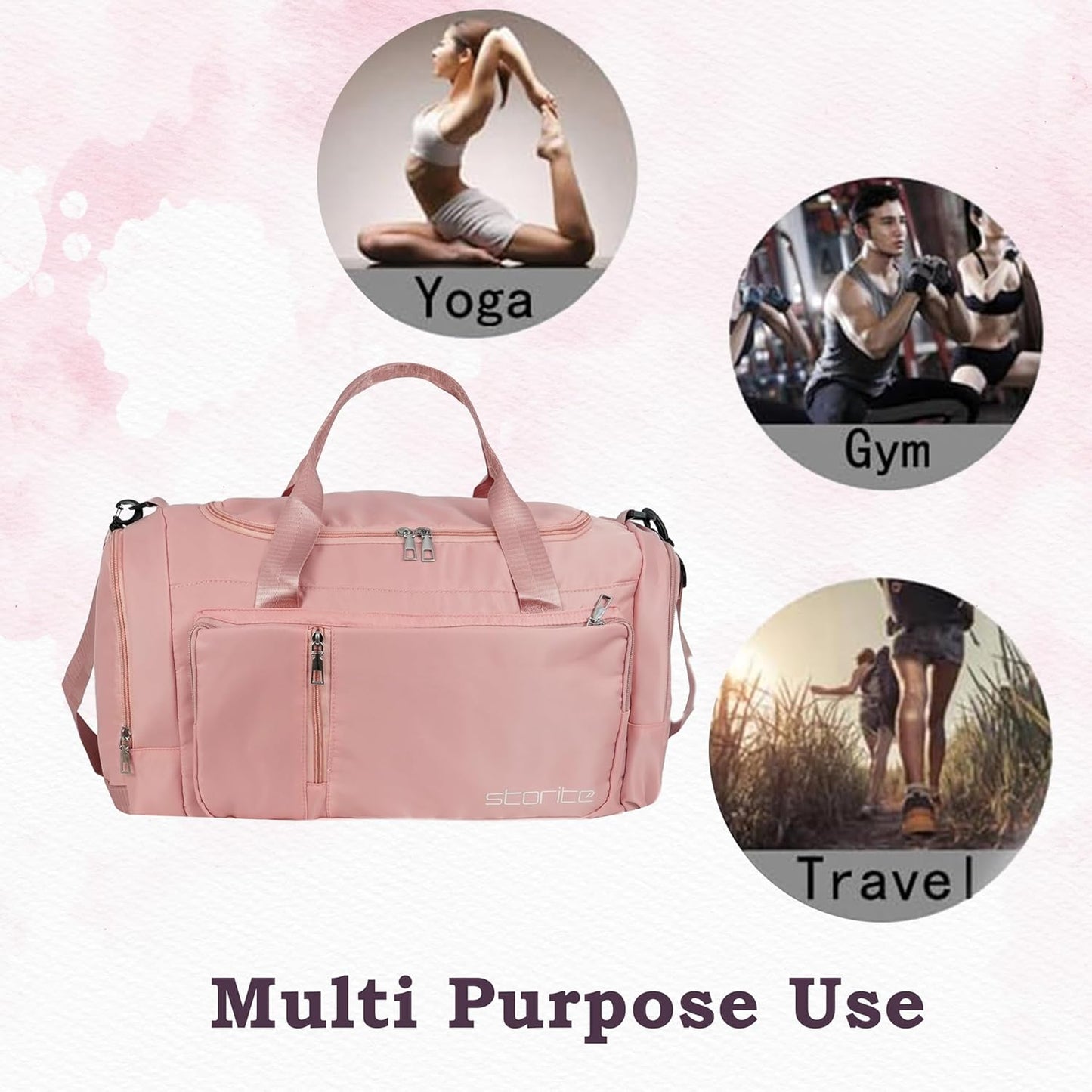 Storite Nylon 52 Cm Multi Purpose Travel Duffle Bag for Women with Dry and Wet Separate Pocket, Lightweight Waterproof Backpack Carry Luggage Bag with Shoe Compartment (Pink, 52 x 23 x 25 cm)