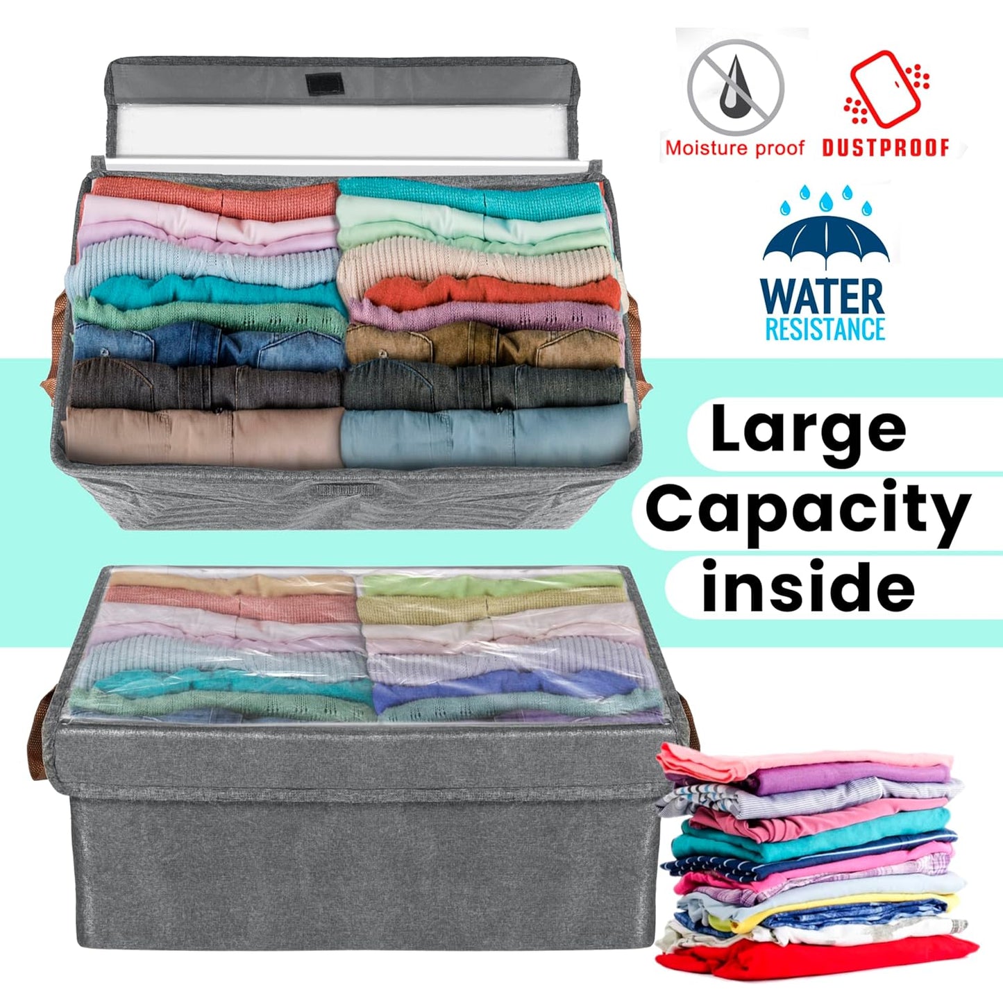 Storite 2 Pack 23.5 L Storage Bins with Lids, Transparent Lids Window Fabric Storage Boxes, Foldable Storage Baskets with Handles, closet organizers and storage bins for Clothes (46x27x19cm)
