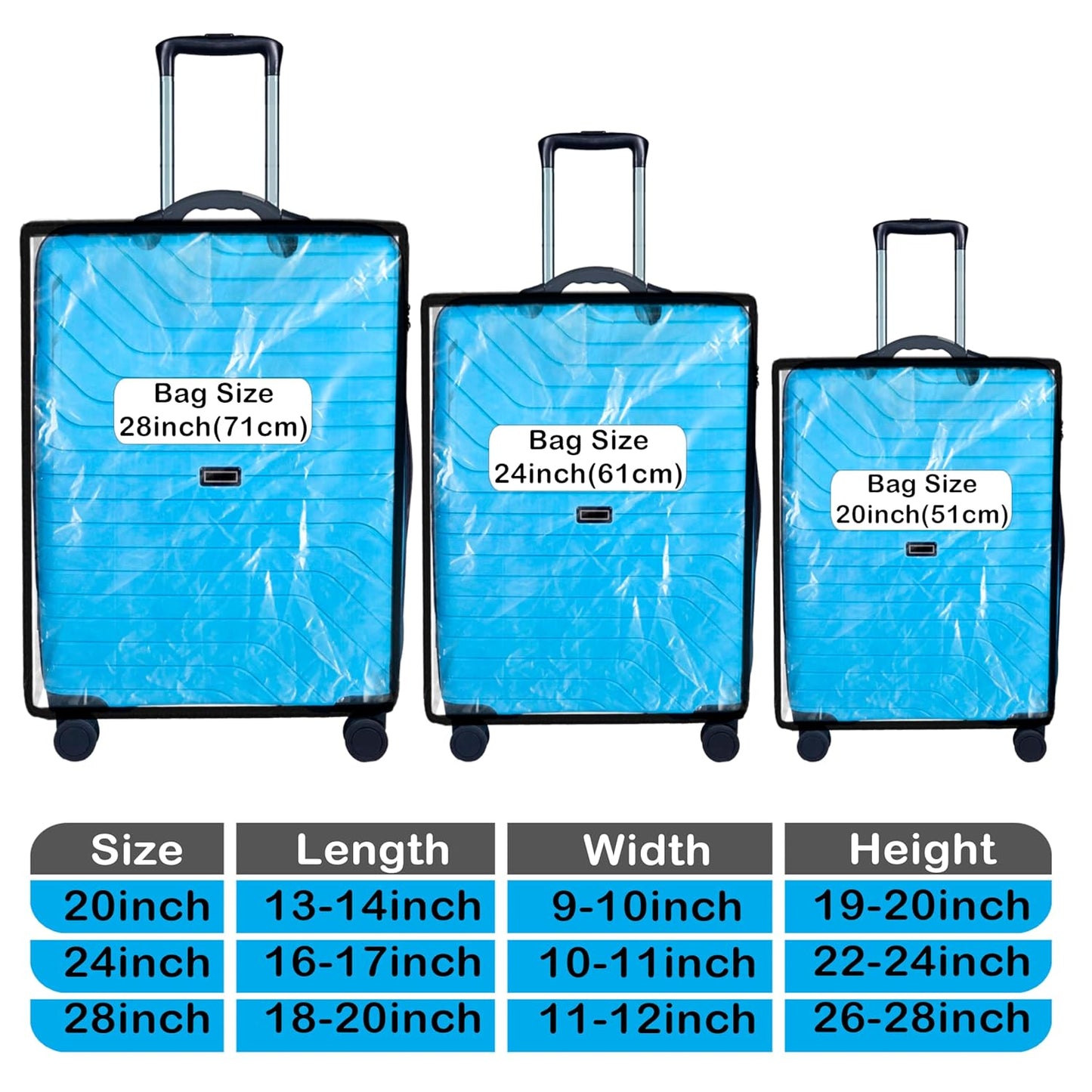 Storite Combo Pack of 3 Zippered Clear PVC Suitcase Covers Protectors,Waterproof Dustproof Suitcase Covers Case for Wheeled Luggage Trolley Protective Covers (28 inch, 24 inch, 20inch)