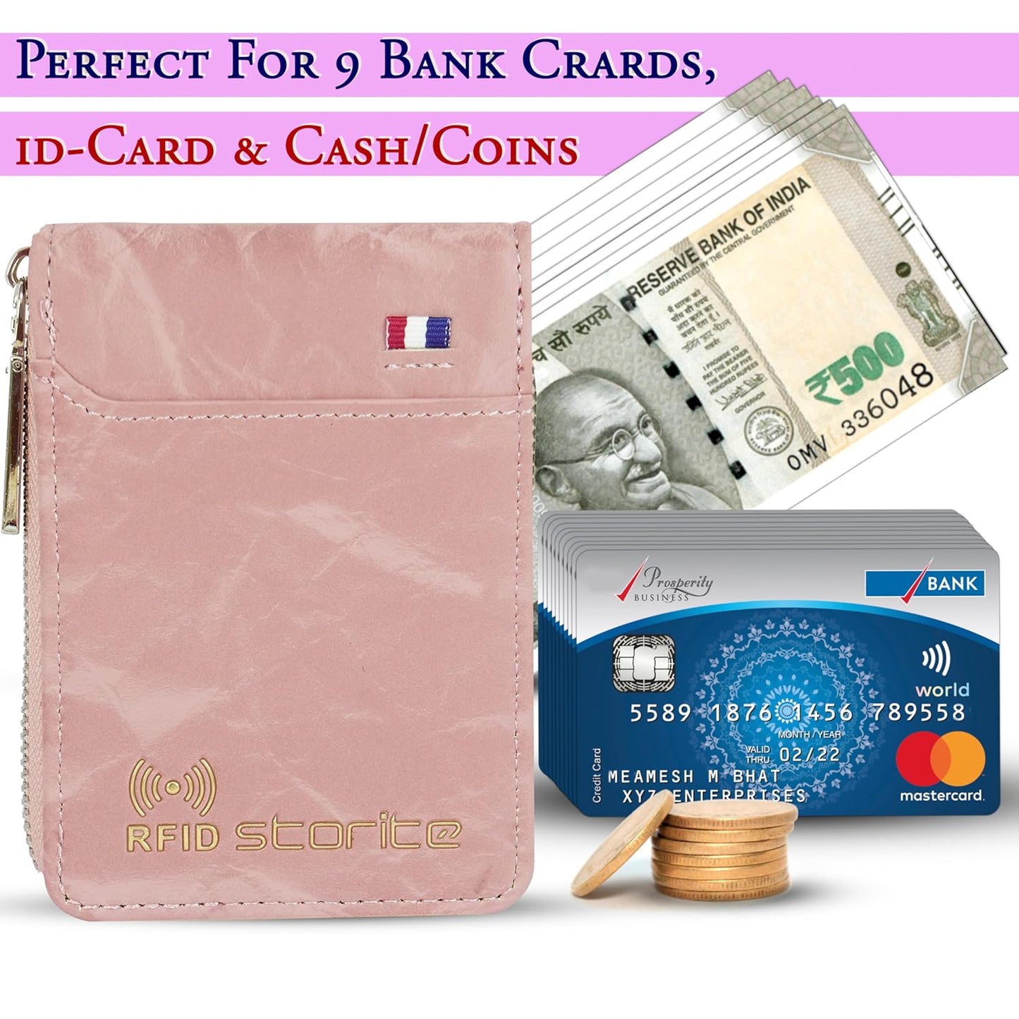 Storite RFID PU Leather 9 Slot Vertical Credit Debit Card Holder Money Wallet Zipper Coin Purse for Men Women (Pink - 8 x 2 x 11.5 Cm)