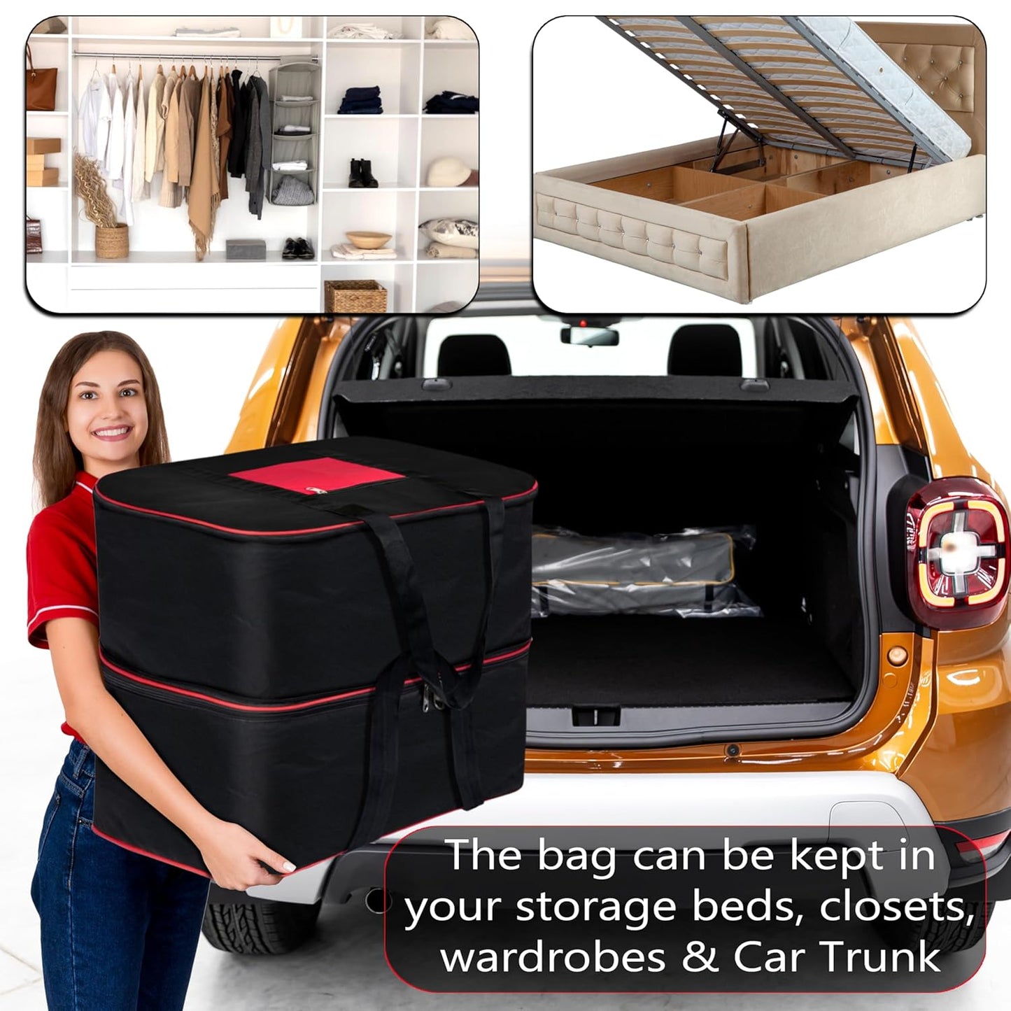 Storite 2 Pack Expandable Moisture Proof Nylon 142 L Heavy Duty Extra Large Size Underbed Storage Bag For Clothes/Blankets/Toys/Stationery Paper (57 x 49 x 51 cm) - Black,Rectangular