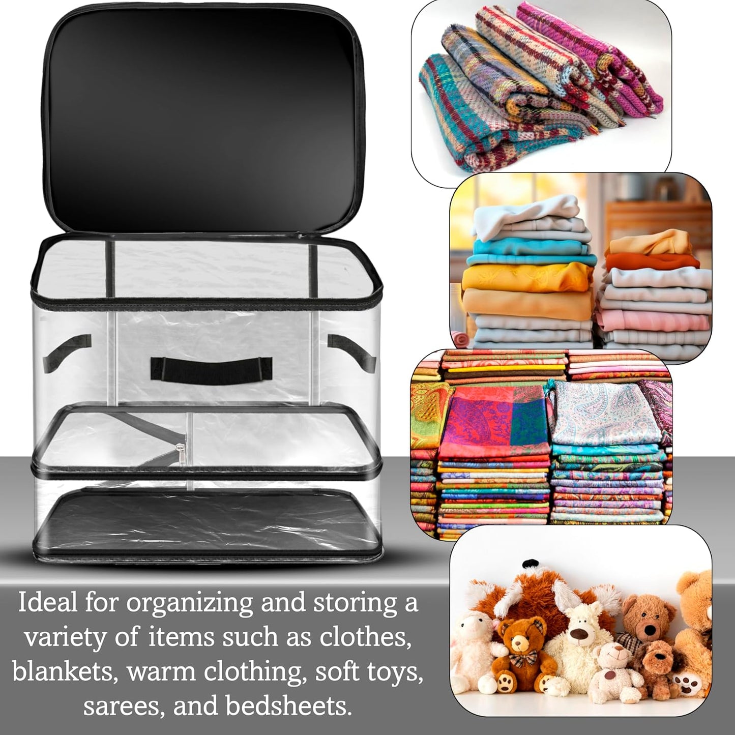 Storite 2 Pack Nylon PVC Transparent Expandable Organizer Storage box for Clothes Closet Wardrobe Space Saving Self Compression Organizer for Clothes Saree Bags with Carry Handle (Grey, 35x44x32 cm)