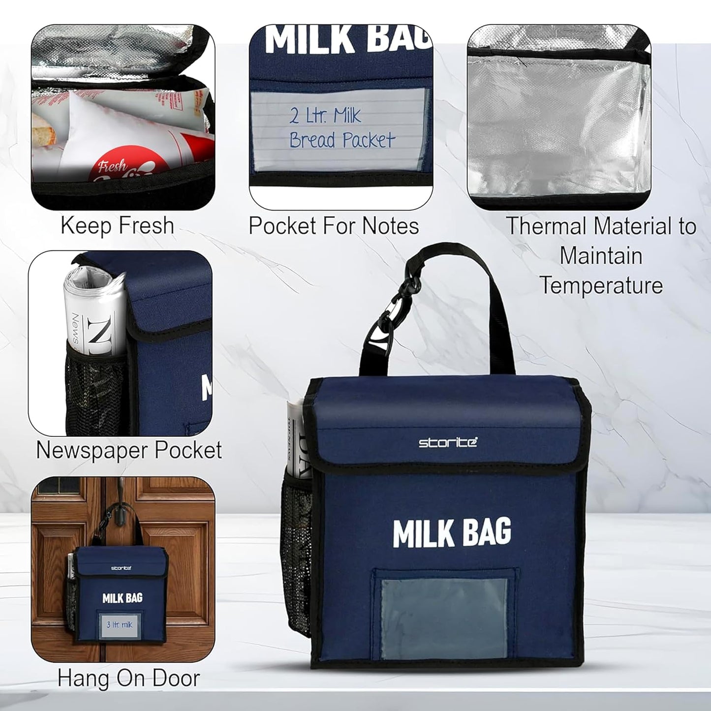 Storite Milk Bag for Door Hanging - Insulated and Waterproof Storage for Milk Sachets, Bottles, Outdoor Gate Delivery Basket Box, with Pocket for Notes and News Paper (23x11x23 cm) (Blue)