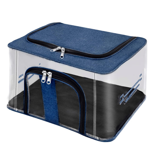 Storite Nylon 33 L PVC Transparent Moisture Proof Storage box for Clothes Closet Wardrobe Organizer Saree Bags for Clothes with Carry Handle - (DarkBlue, 44 x 31 x 24 cm)
