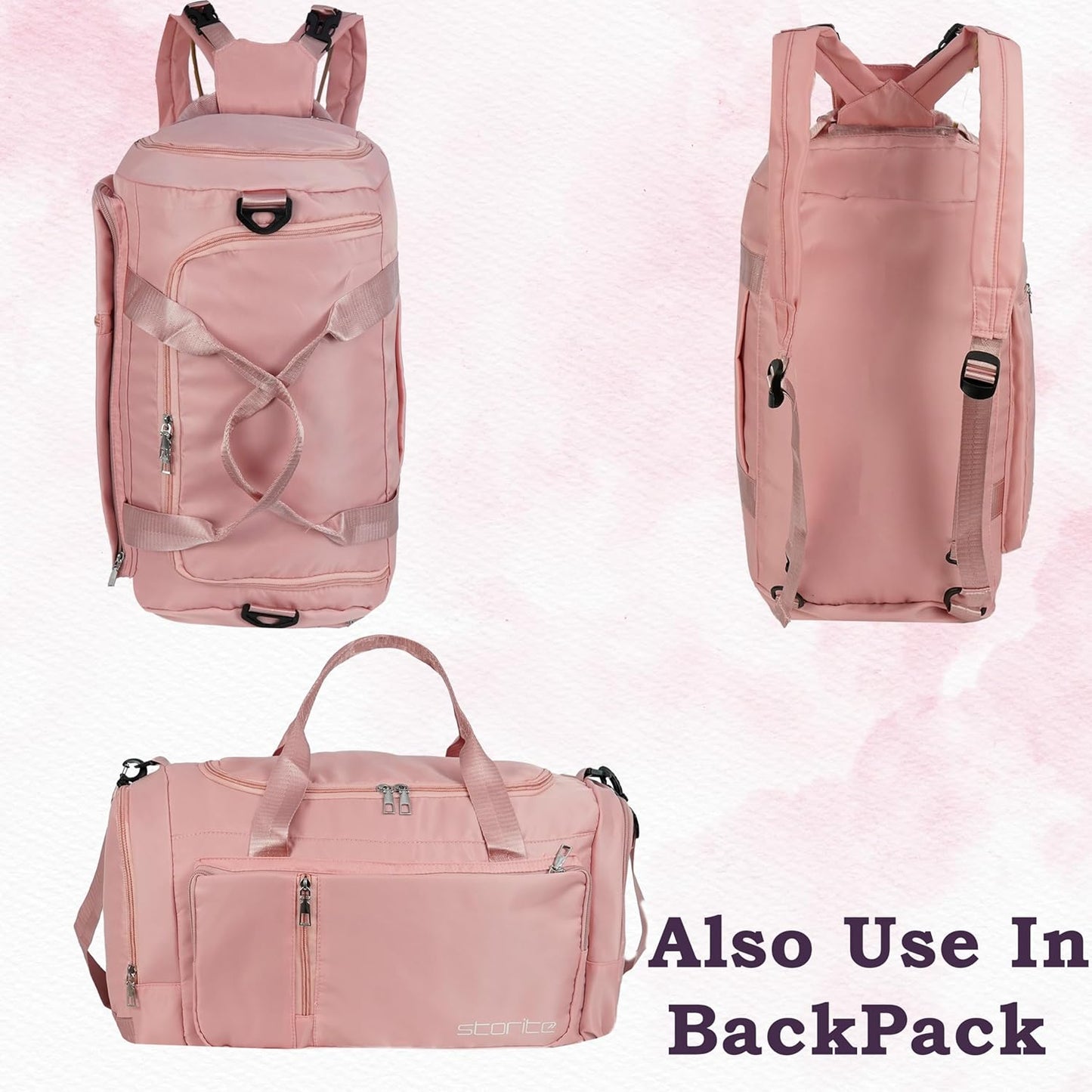 Storite Nylon 52 Cm Multi Purpose Travel Duffle Bag for Women with Dry and Wet Separate Pocket, Lightweight Waterproof Backpack Carry Luggage Bag with Shoe Compartment (Pink, 52 x 23 x 25 cm)