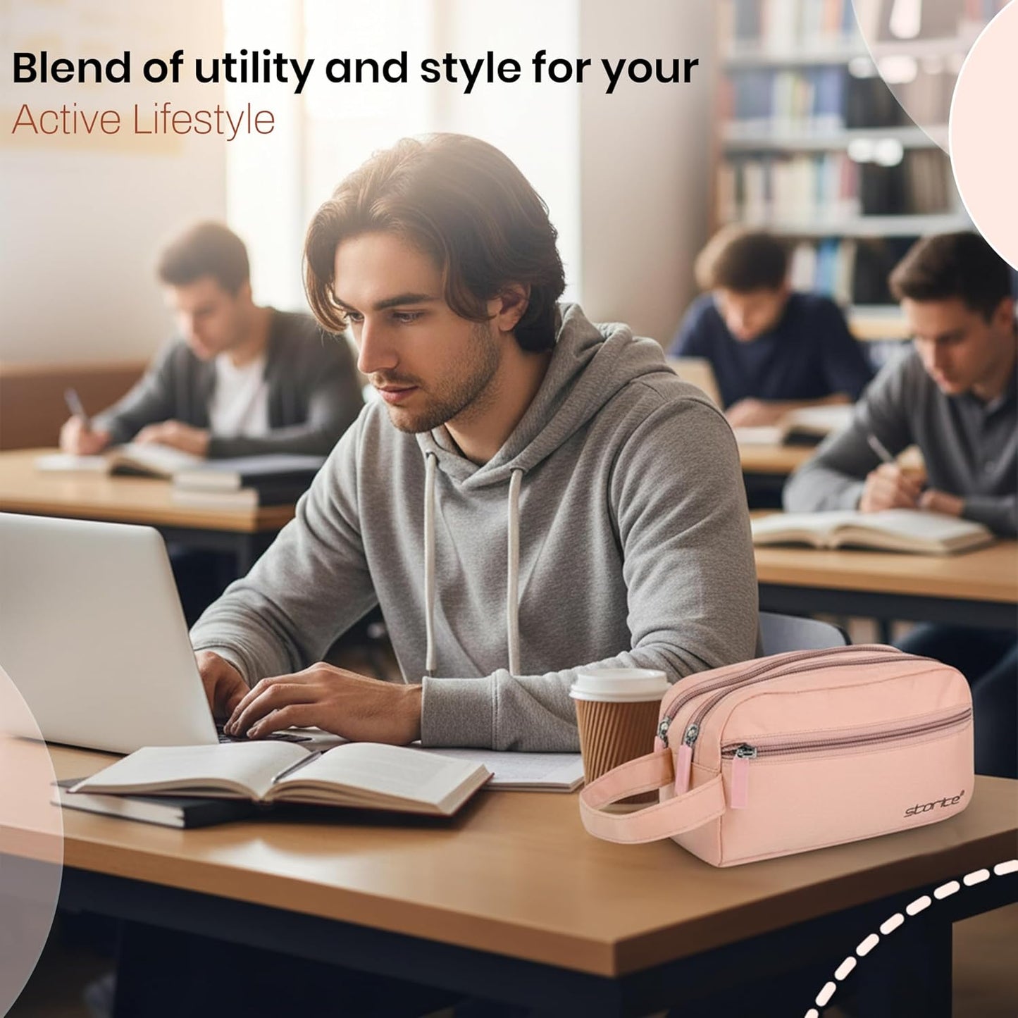 Storite Polyester Multi-Pocket Toiletry Bag for Men & Women, Travel Pouch for Toiletries Shaving Kit & Cosmetics, Water Resistance Pouch, Organizer Travel Pouch for Make Up (1Pk Light Rose)
