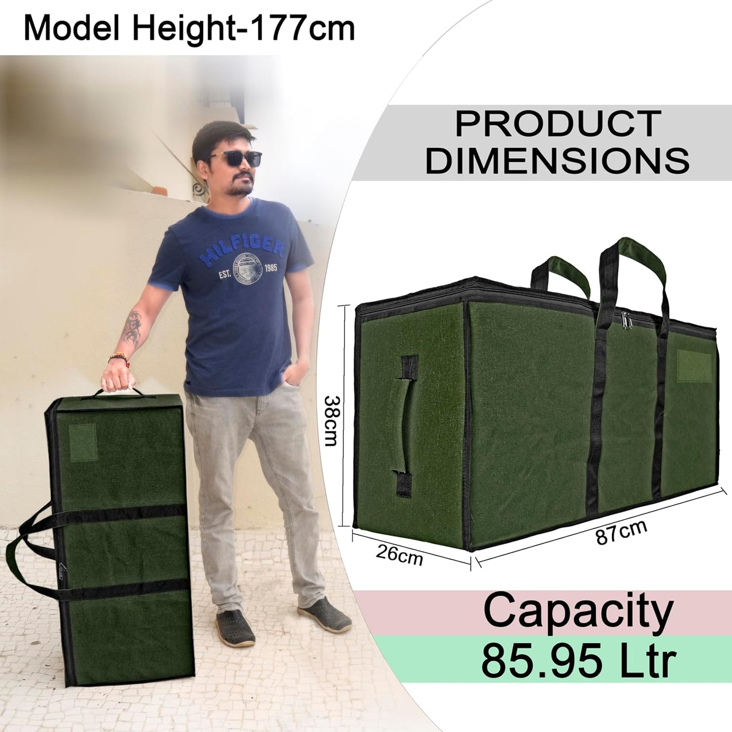 Storite Multi-Purpose Heavy Duty Moisture Proof 90 Litres Canvas Super-Size Jumbo Underbed Storage Bag/Toys/Blankets/Stationery Paper/Clothes/Moving bags (87 x 38x 26cm), ArmyGreen