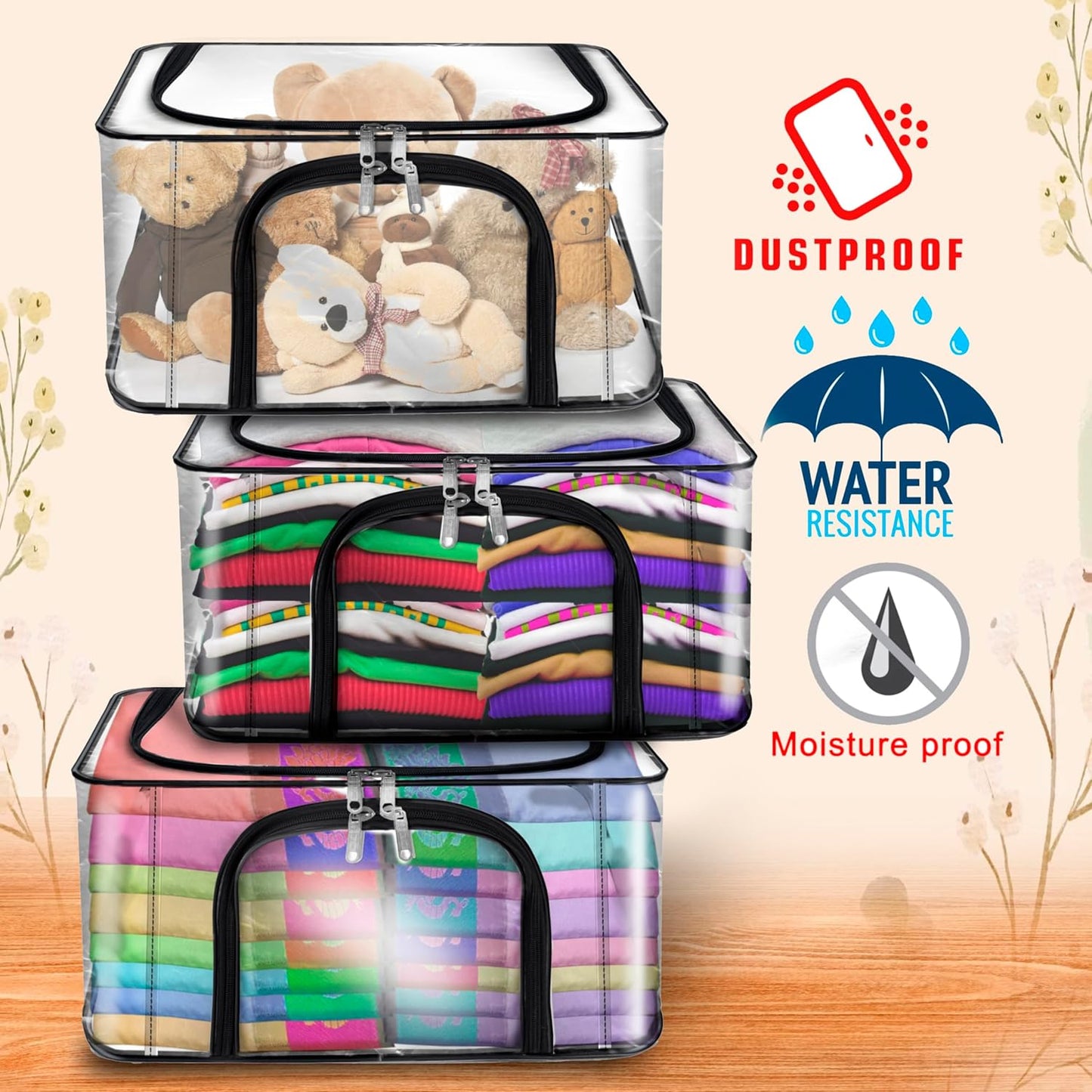 Storite 2 Pack 28 L Transparent PVC Wardrobe Bag Underbed Moisture Proof Cloth Storage Organizer, Storage box for Clothes Saree Bags with Zippered Closure & Handle (44 x 31 x 21 cm)