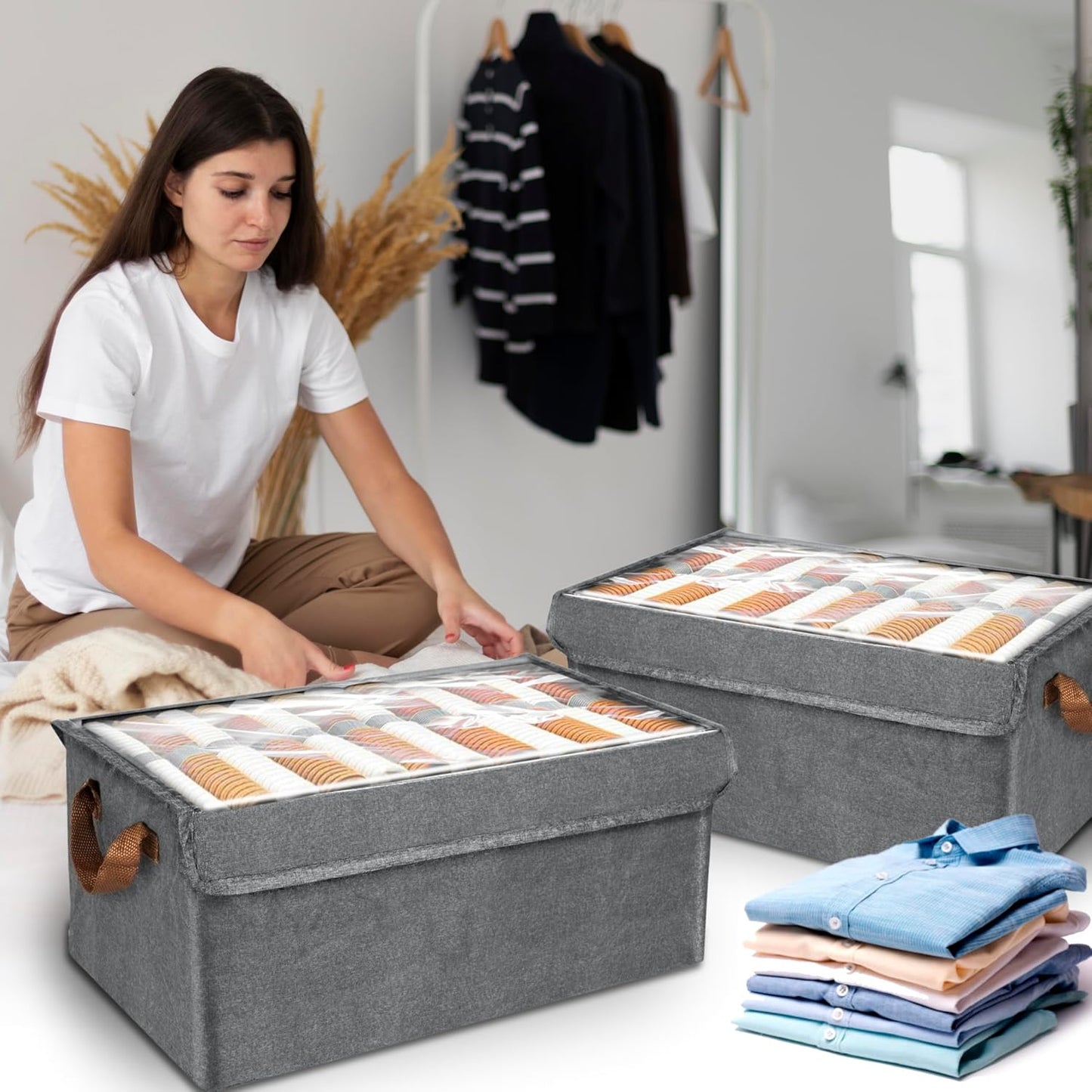 Storite 2 Pack 23.5 L Storage Bins with Lids, Transparent Lids Window Fabric Storage Boxes, Foldable Storage Baskets with Handles, closet organizers and storage bins for Clothes (46x27x19cm)