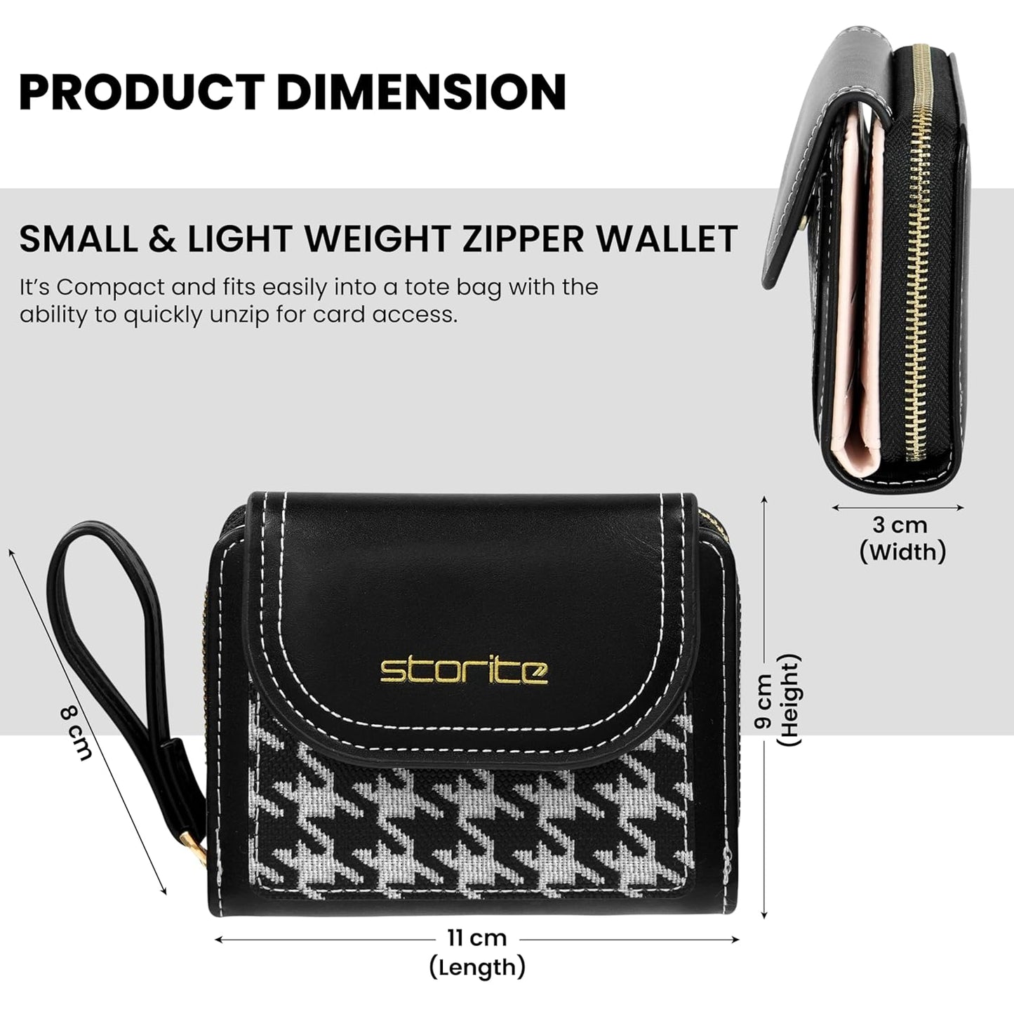 Storite Womens Stylish Compact Leather Wallet 5 Card Slots,1 ID Window, Ladies Mini Purse Money Pocket with Zipper Closure (Black - 11 x 3 x 9 Cm)