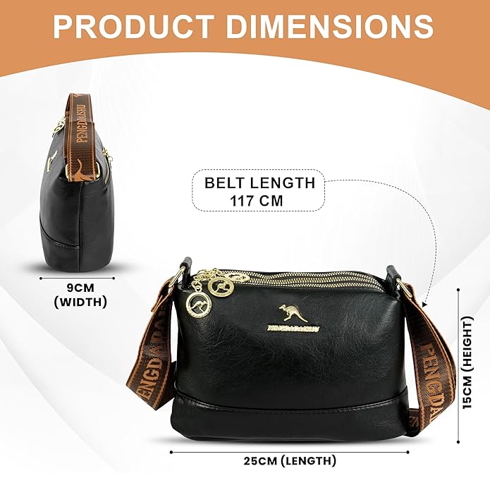 Storite PU Leather Sling Bag, Crossbody Bag with Multi-Compartment for Women and Girls With Adjustable Shoulder Strap - Black
