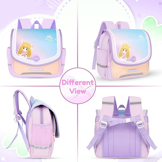 Storite Cute Cartoon Girl Kids Backpack - Rectangular Shape School Bag with Pastel Color theme, Flap & Rotating Lock, Tablet Compartment & Padded Back | Ideal for Class 1–5 Students (Lavender)