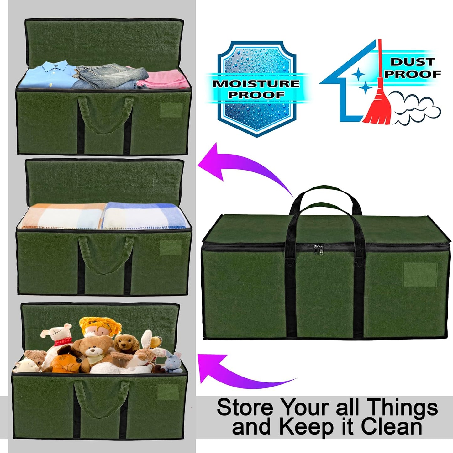 Storite Multi-Purpose Heavy Duty Moisture Proof 90 Litres Canvas Super-Size Jumbo Underbed Storage Bag/Toys/Blankets/Stationery Paper/Clothes/Moving bags (87 x 38x 26cm), ArmyGreen