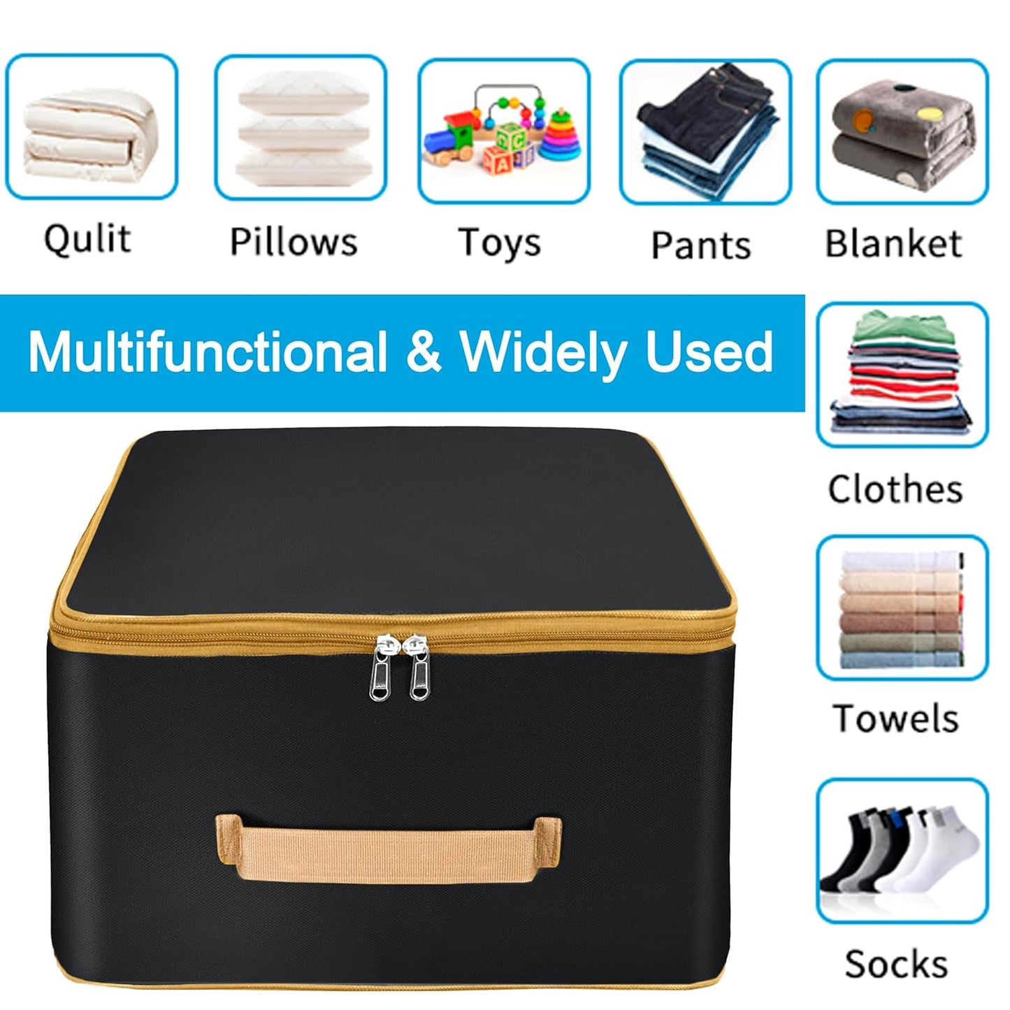 Storite Pack of 2 Nylon Wardrobe Bag Underbed Moisture Proof Cloth Storage Organizer, Storage box for Clothes Saree Bags with Zippered Closure & Handle Square(Black wih Gold Handle, 38x35.5x25 cm)