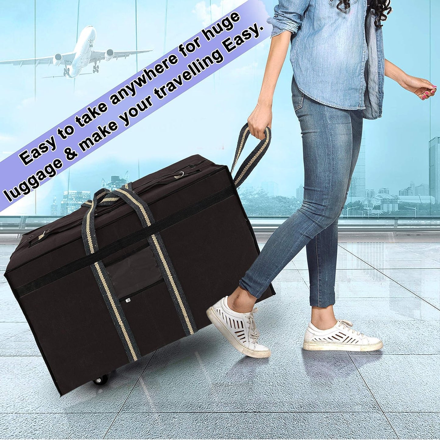 Storite 90 L Canvas Travel Duffle Bag with 6 Wheels & Front Transparent Pocket - Brown