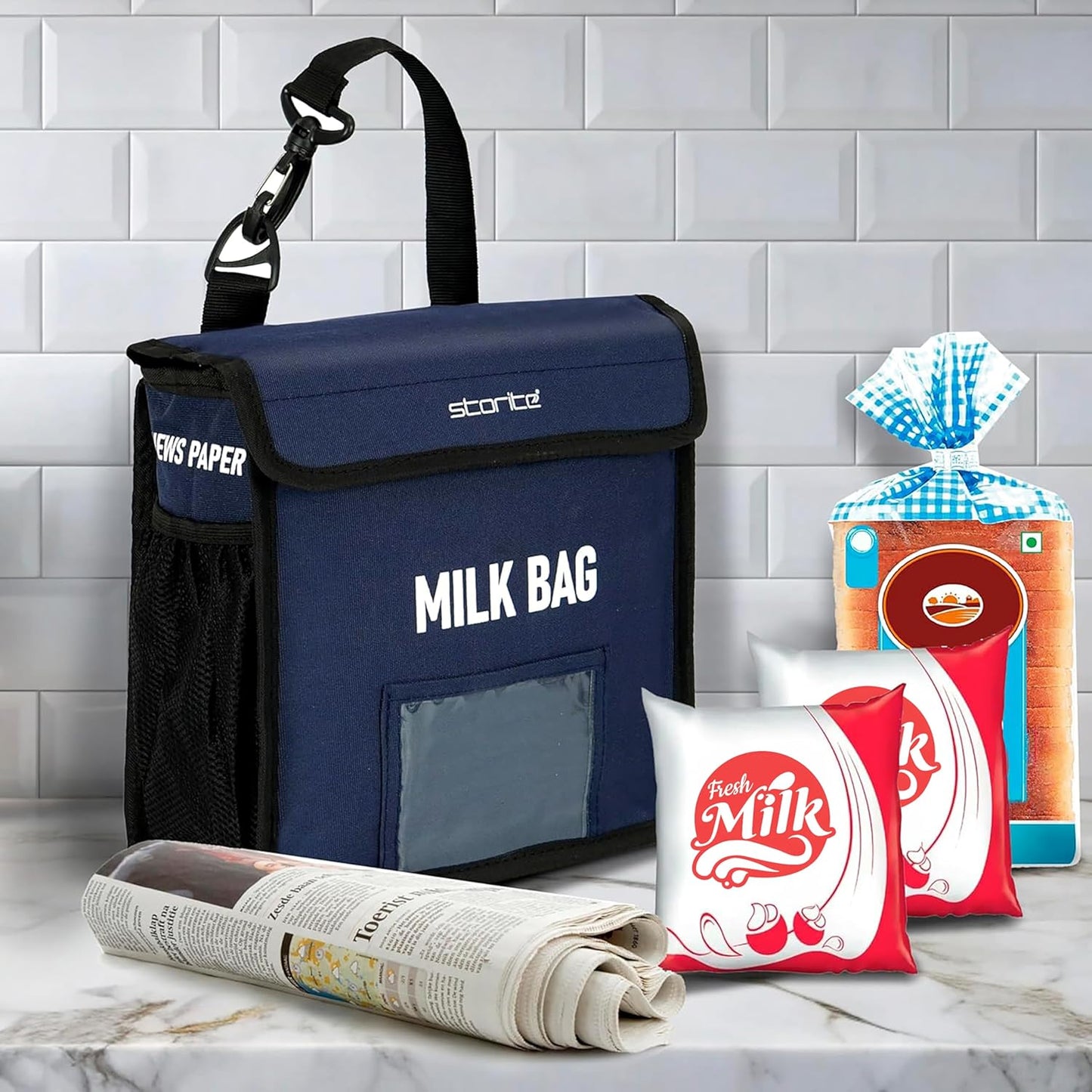 Storite Milk Bag for Door Hanging - Insulated and Waterproof Storage for Milk Sachets, Bottles, Outdoor Gate Delivery Basket Box, with Pocket for Notes and News Paper (23x11x23 cm) (Blue)
