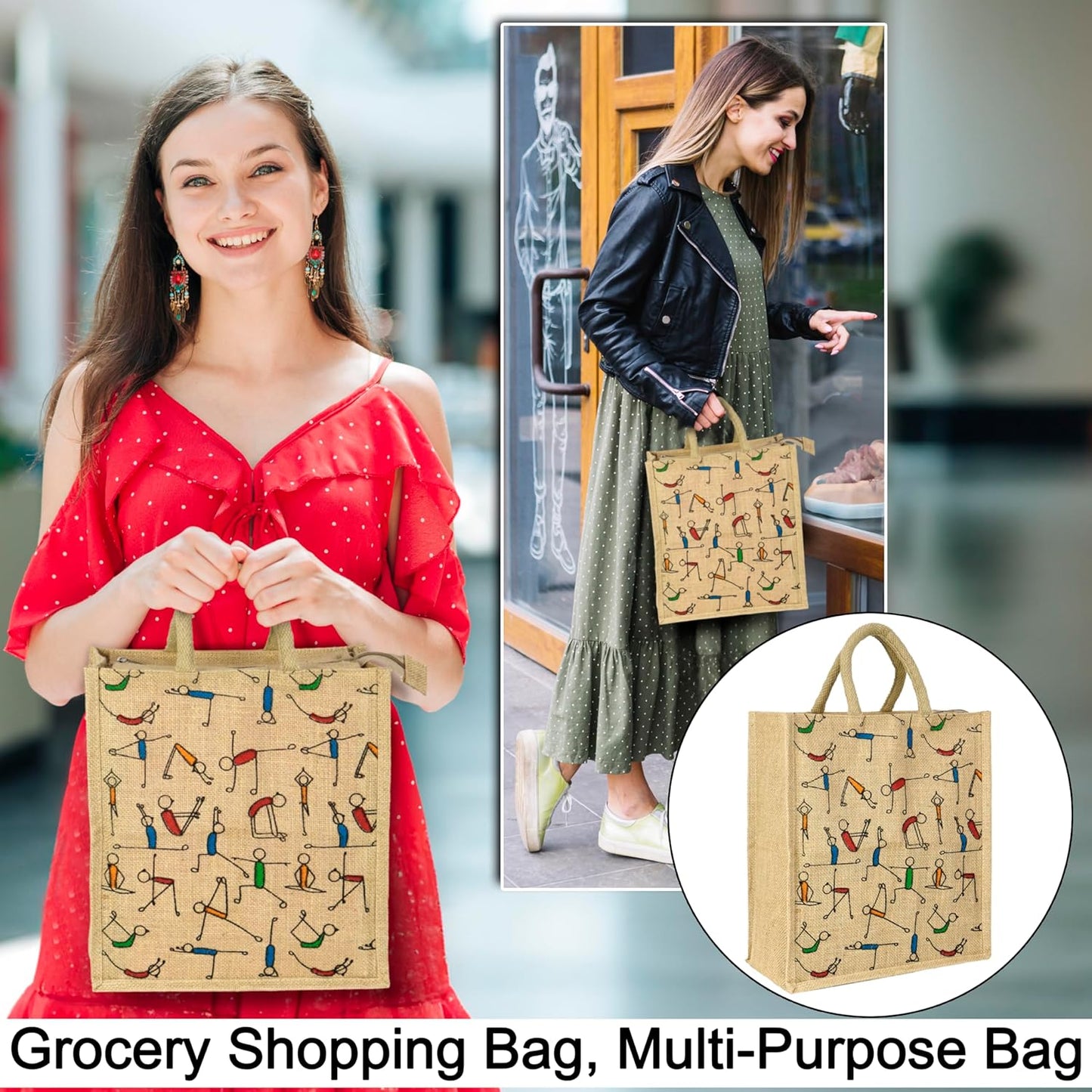 Storite Pack of 2 Eco-Friendly Jute Bags with Yoga Print - Reusable Grocery, Shopping, and Lunch Bags with Sturdy Handle and Zipper Lock