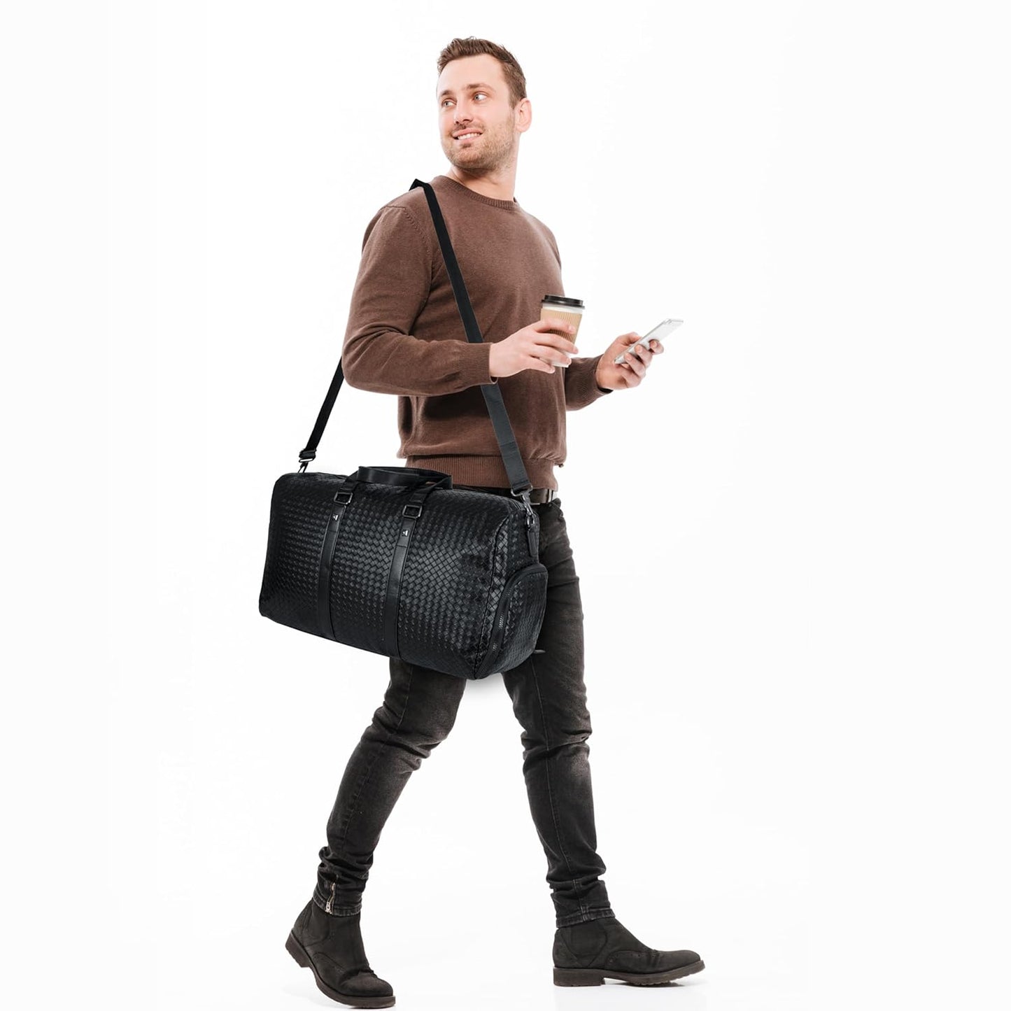 Storite PU Leather Gym Duffle Bag with Shoe Compartment - Black