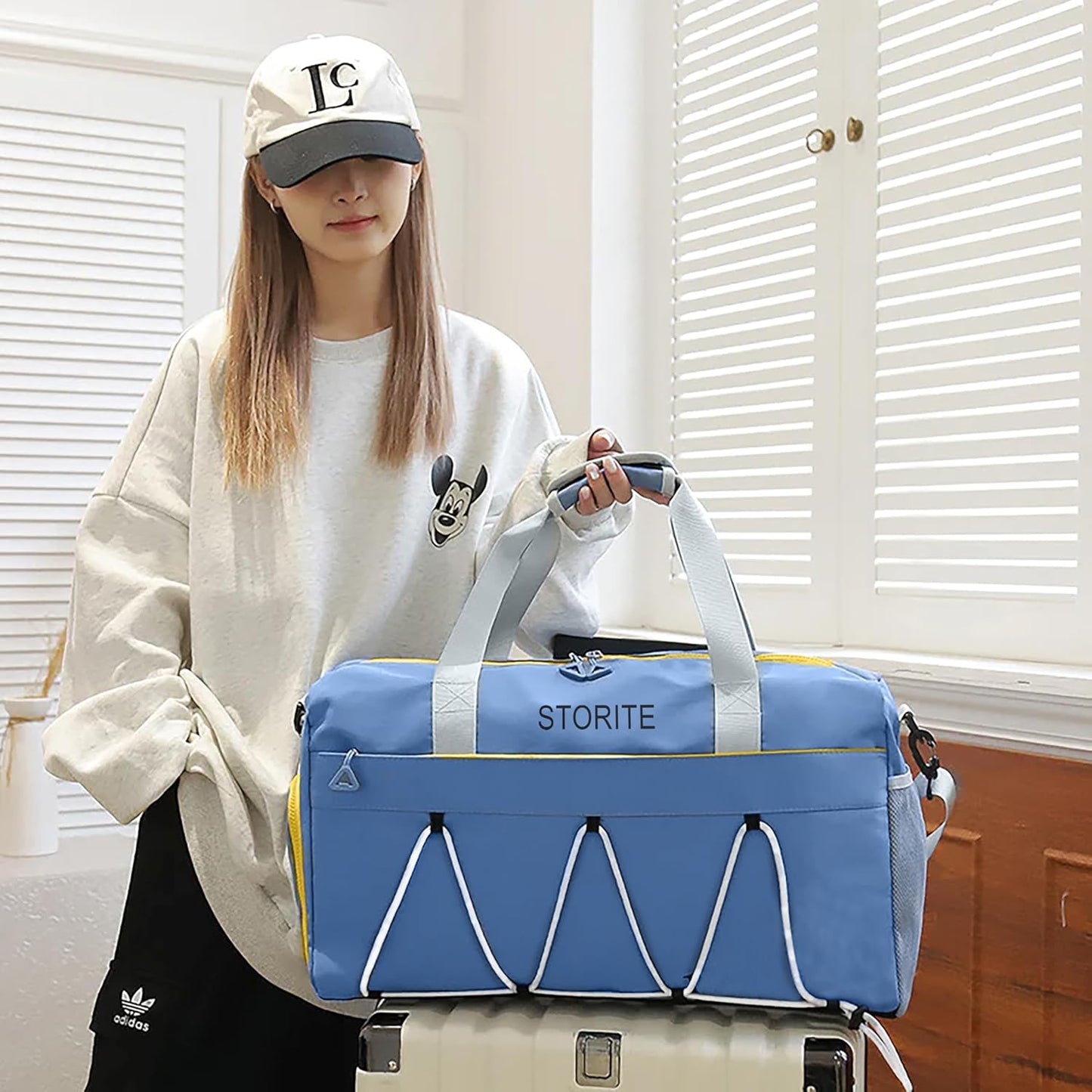 Storite 48.5 CM Nylon Travel Duffle Bag for Women with Wet Pocket Shoe Compartment - Mist Blue