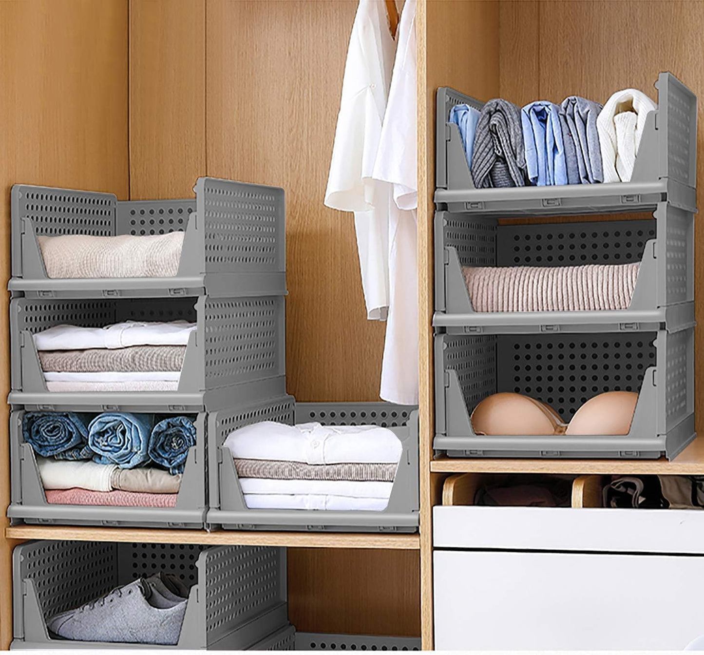 Storite Set of 2 Foldable Wardrobe Organizers - Stackable Plastic Racks for Clothes, Shirts, T-Shirts, and Jeans - Grey