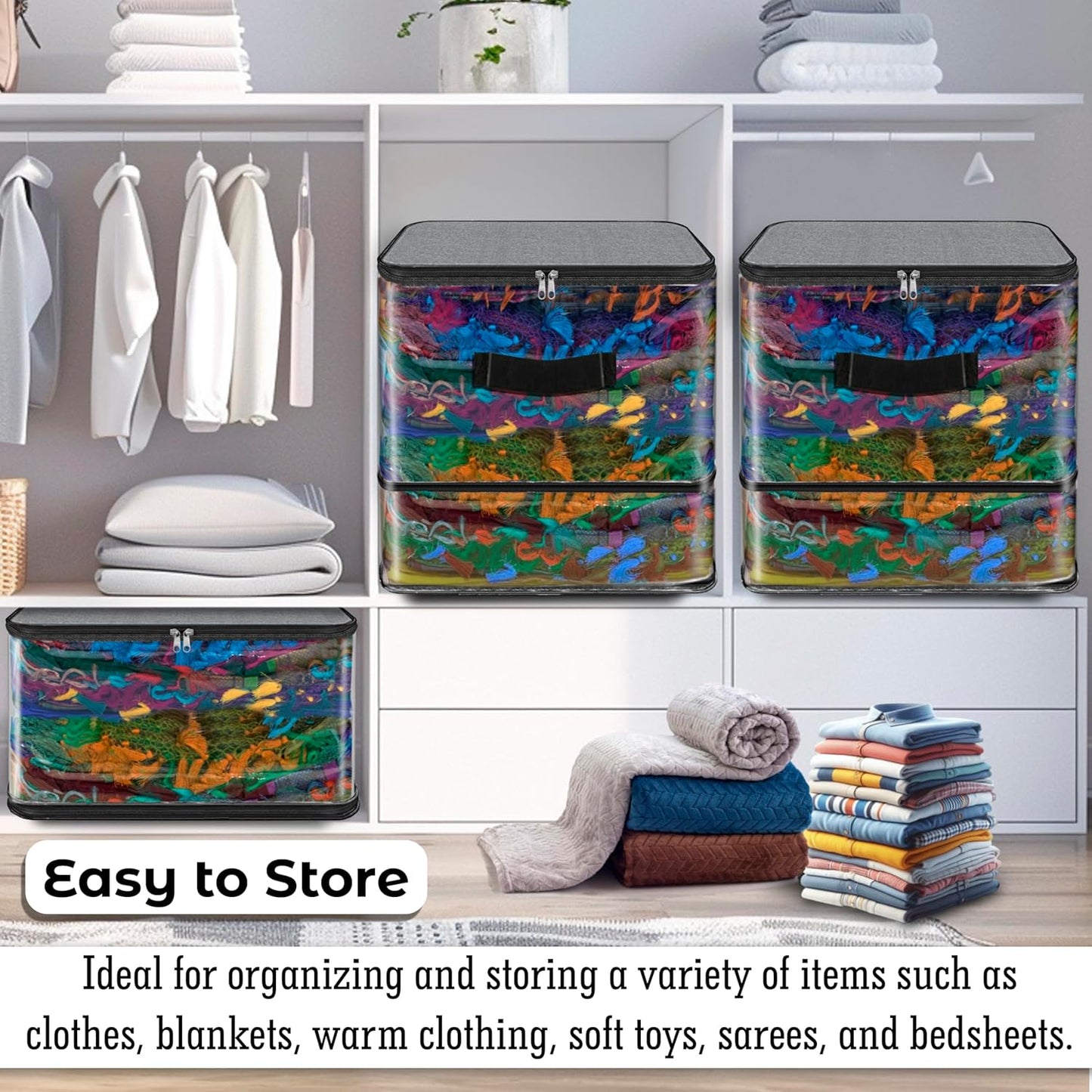 Storite 2 Pack Nylon PVC Transparent Expandable Organizer Storage box for Clothes Closet Wardrobe Space Saving Self Compression Organizer for Clothes Saree Bags with Carry Handle (Grey, 35x44x32 cm)