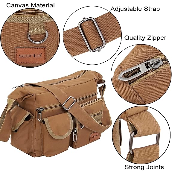 Storite Stylish Small Size Canvas Sling Cross Body Travel Bag for Men Women (29x11.5x22.5cm, Brown)