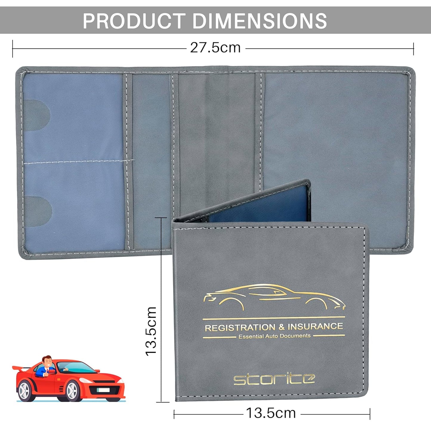 Storite Car Registration and Insurance Card Holder Leather Glove Box Organizer with Magnetic Closure for Driver's License and Essential Documents Interior Car Accessories (Grey-13.5 x 13.5 cm)