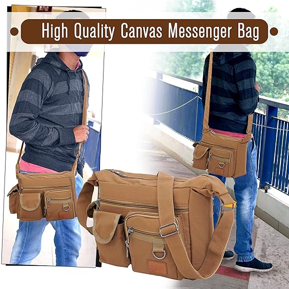 Storite Stylish Small Size Canvas Sling Cross Body Travel Bag for Men Women (29x11.5x22.5cm, Brown)