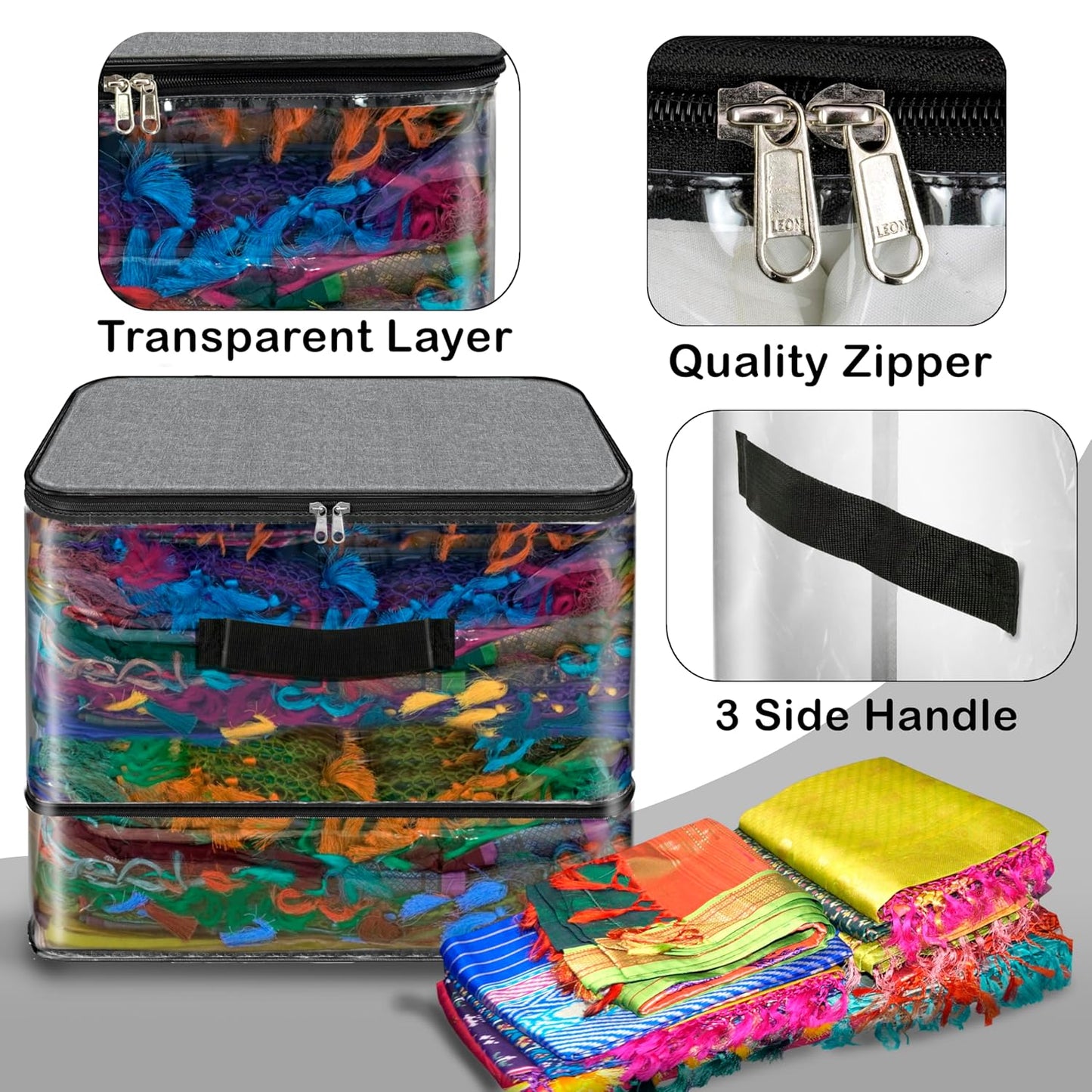 Storite 2 Pack Nylon PVC Transparent Expandable Organizer Storage box for Clothes Closet Wardrobe Space Saving Self Compression Organizer for Clothes Saree Bags with Carry Handle (Grey, 35x44x32 cm)