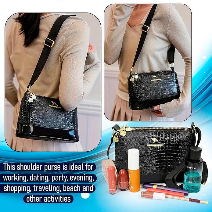 Storite Small PU Leather Women Tote Bag, Glossy Texture Fashionable & Party Sling Bag, Pillow Shoulder Crossbody Bag with Adjustable Strap-Black