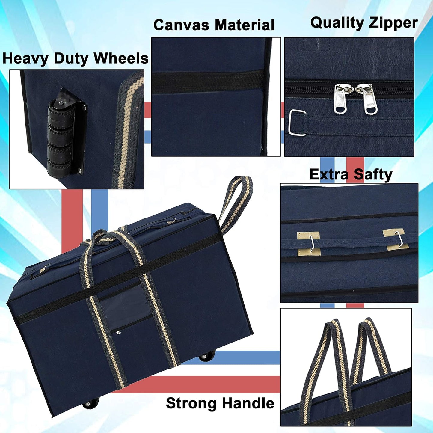 Storite Canvas 90 Liter Large Strong Carry-On Luggage Travel Luggage Duffel Storage Bag With Six Spinner Wheels & Front Transparent Pocket (Blue, 73 X 27.5 X 45 Cm)