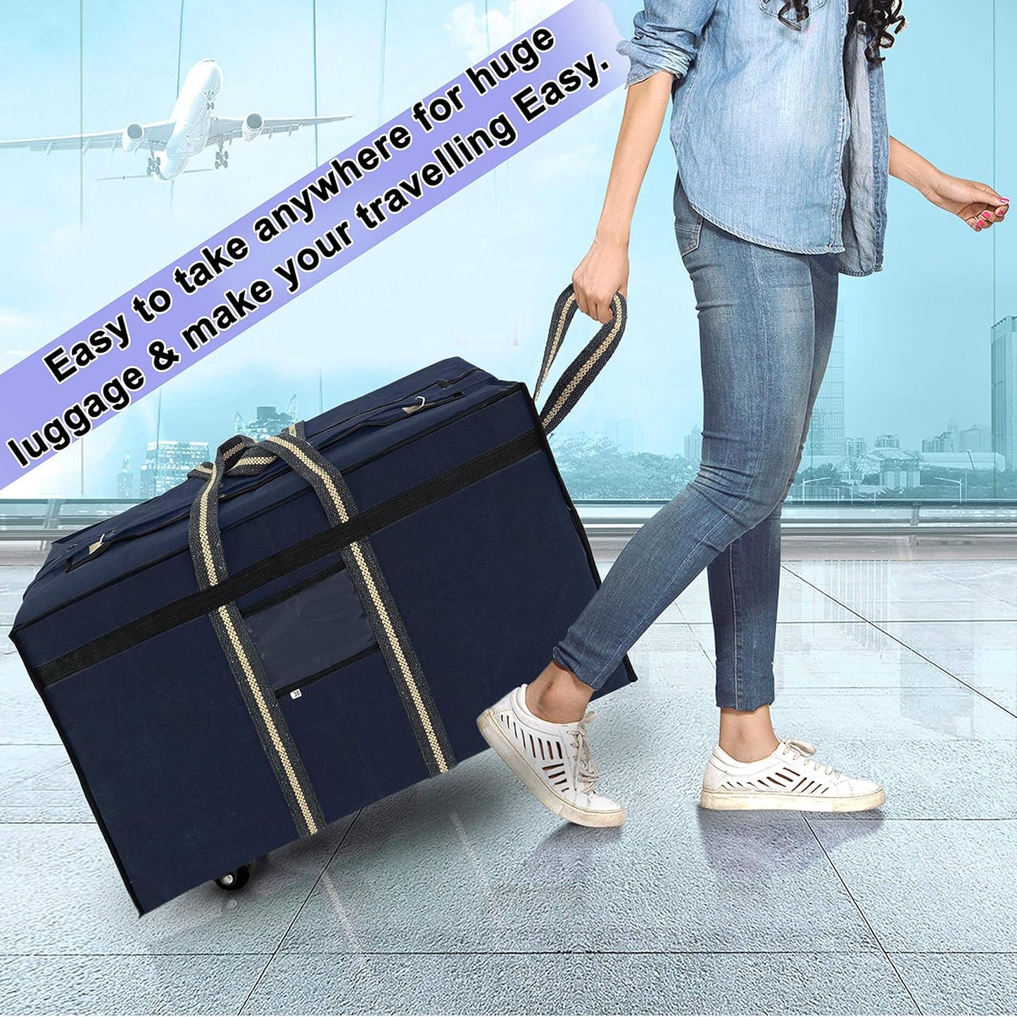 Storite Canvas 90 Liter Large Strong Carry-On Luggage Travel Luggage Duffel Storage Bag With Six Spinner Wheels & Front Transparent Pocket (Blue, 73 X 27.5 X 45 Cm)