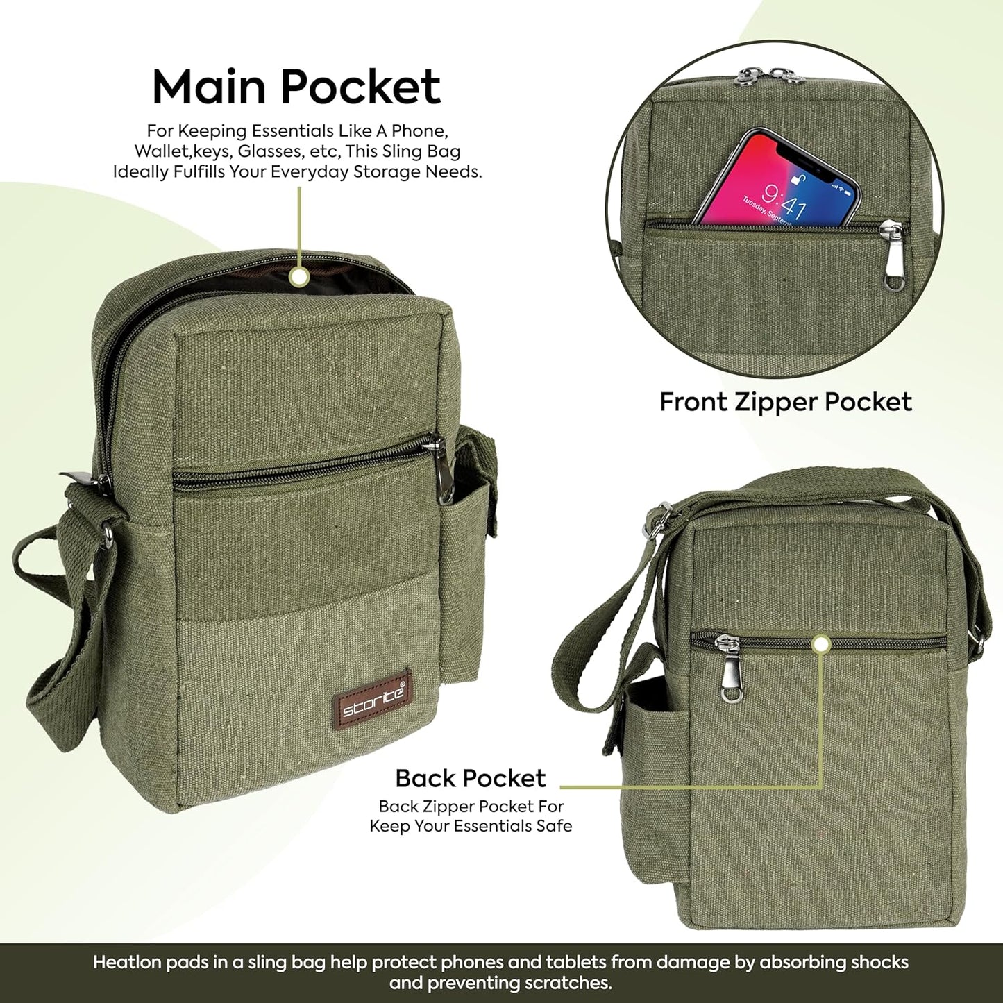 Storite Stylish Padded Canvas Small Sling Cross Body Travel Office One Side Shoulder Bag for Men Women (Green - 16 x 8 x 25.5 Cm)