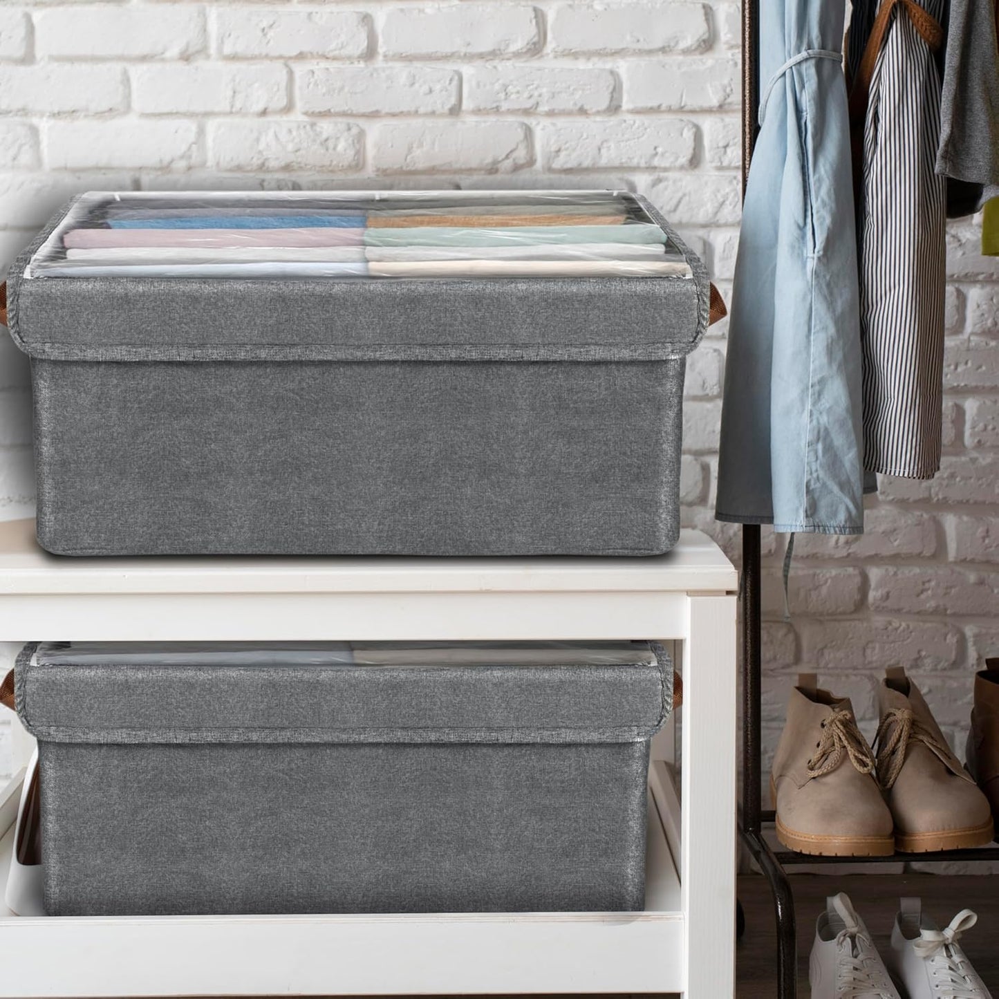 Storite 2 Pack 23.5 L Storage Bins with Lids, Transparent Lids Window Fabric Storage Boxes, Foldable Storage Baskets with Handles, closet organizers and storage bins for Clothes (46x27x19cm)