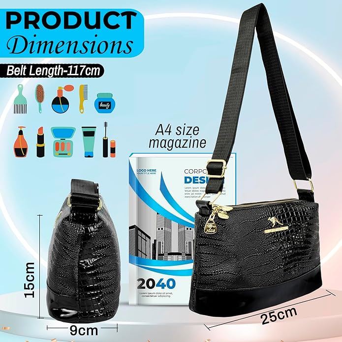 Storite Small PU Leather Women Tote Bag, Glossy Texture Fashionable & Party Sling Bag, Pillow Shoulder Crossbody Bag with Adjustable Strap-Black