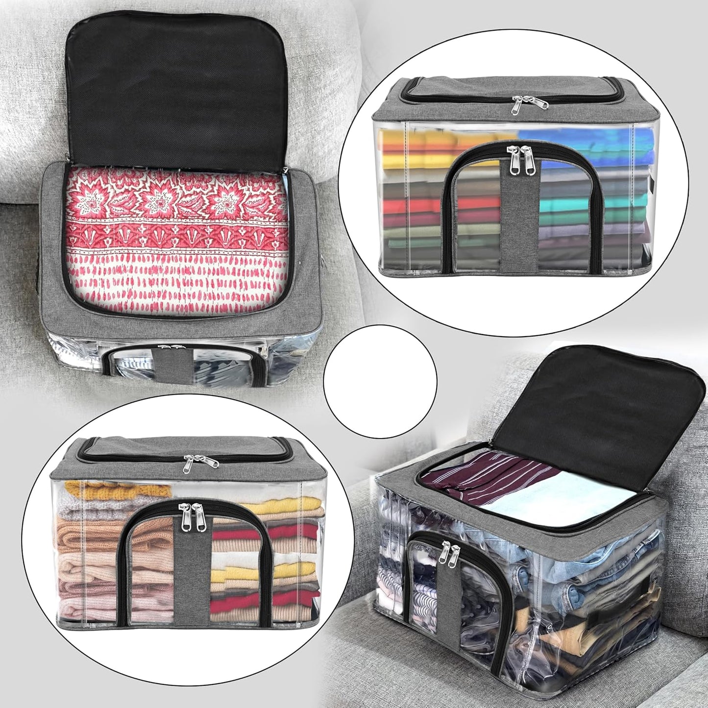 Storite 2 Pack Nylon 33 L PVC Transparent Moisture Proof Storage box for Clothes Closet Wardrobe Organizer for Clothes Saree Bags with Carry Handle - (Grey, 44 x 31 x 24 cm)