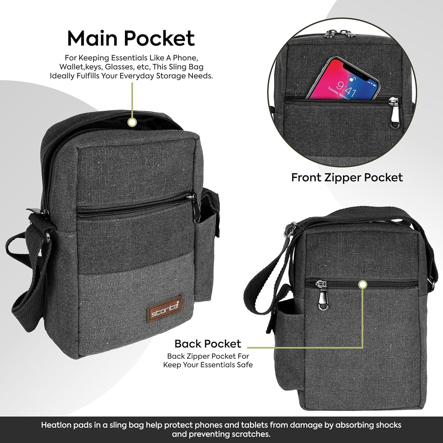 Storite Stylish Padded Canvas Small Sling Cross Body Travel Office One Side Shoulder Bag for Men Women (16 x 8 x 25.5 Cm) (Grey)