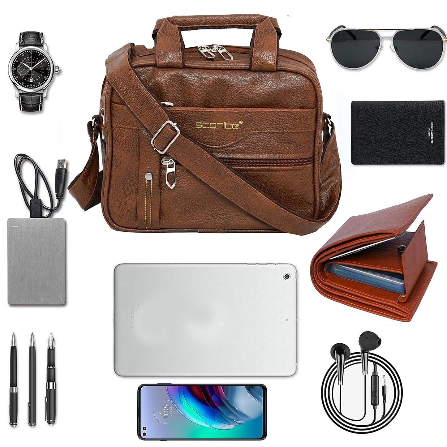 Storite 8 Inch Stylish Small PU Leather Sling Cross Body Travel Office One Side Shoulder Bag for Men Women - Coffee Brown (25 x 11 x 20 Cm)