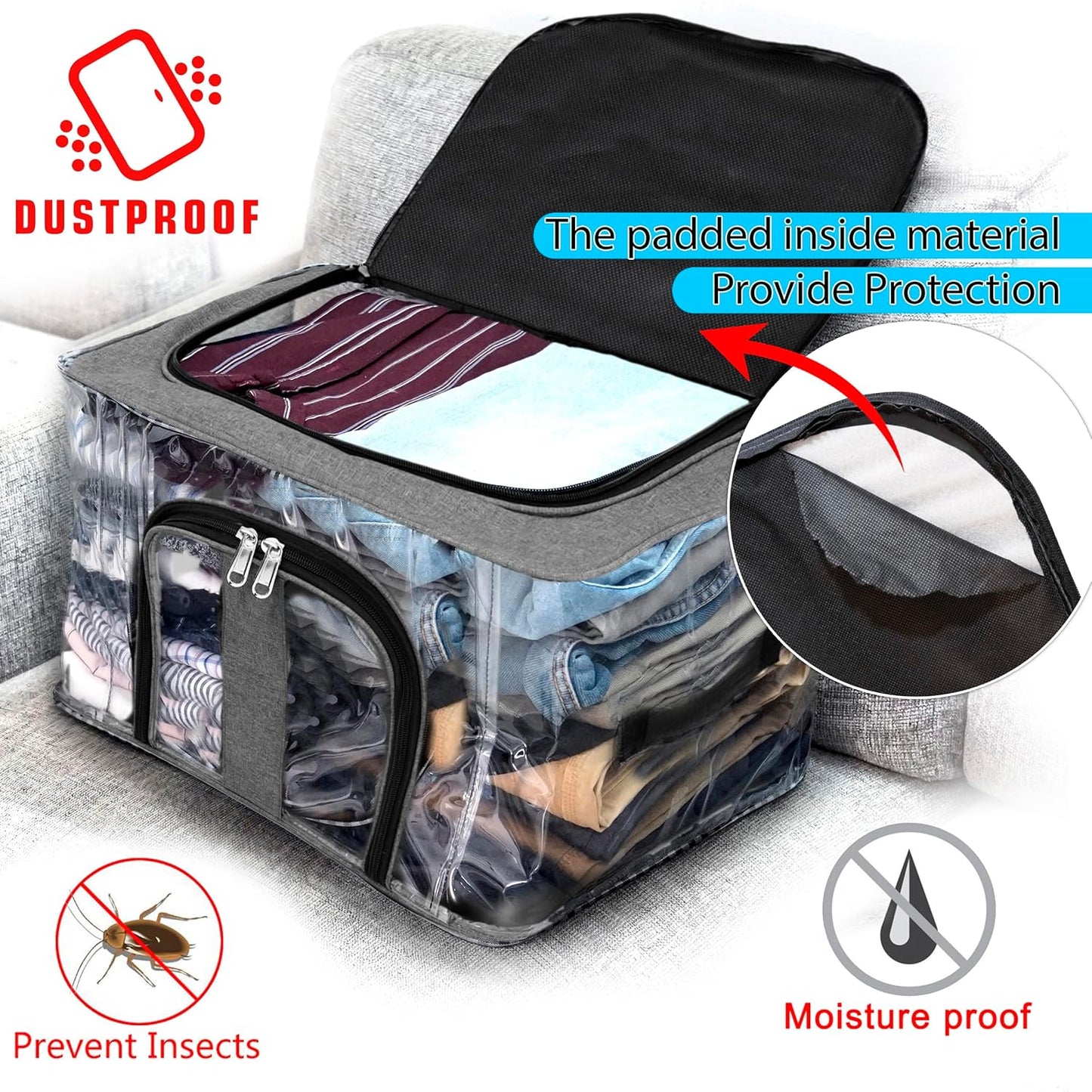 Storite 2 Pack Nylon 33 L PVC Transparent Moisture Proof Storage box for Clothes Closet Wardrobe Organizer for Clothes Saree Bags with Carry Handle - (Grey, 44 x 31 x 24 cm)