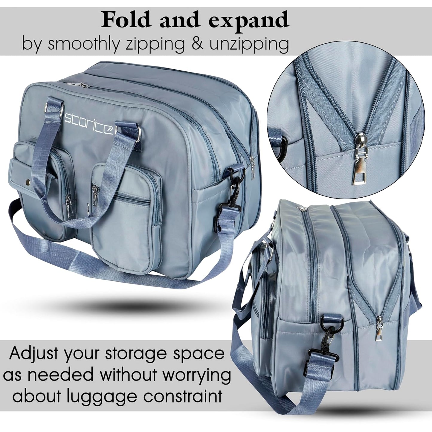 Storite Nylon 43 Cm Expandable Travel Duffle Bag for Women Outdoor Weekend Handbag Lightweight Water Resistant Luggage Bag with Shoulder Strap (Blue, 43 x 30 x 17 Cm)