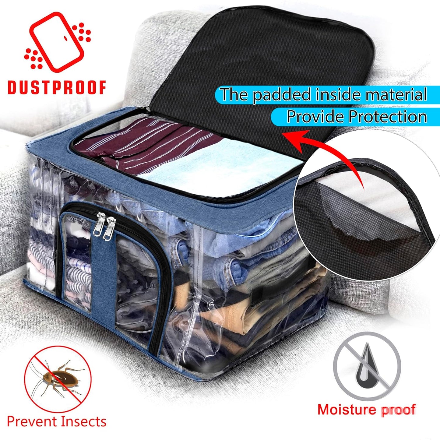 Storite Nylon 33 L PVC Transparent Moisture Proof Storage box for Clothes Closet Wardrobe Organizer Saree Bags for Clothes with Carry Handle - (DarkBlue, 44 x 31 x 24 cm)
