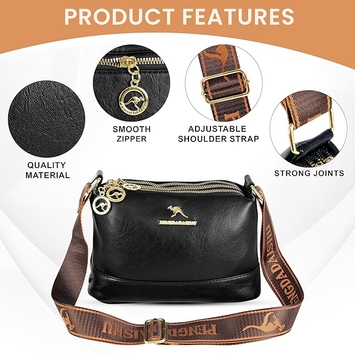 Storite PU Leather Sling Bag, Crossbody Bag with Multi-Compartment for Women and Girls With Adjustable Shoulder Strap - Black