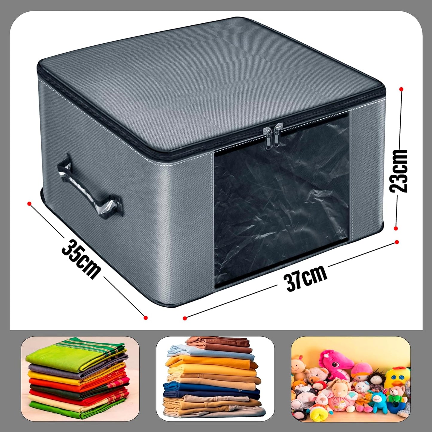 Storite 2 Pack Nylon Wardrobe Bag with Transparent Pocket Underbed Moisture Proof Storage Organizer, Storage box for Clothes Saree Bags with Zippered Closure & Handle (Grey, 37x35x23 cm) Square
