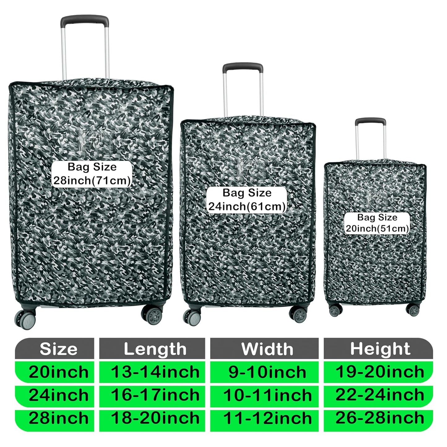 Storite Combo of 3 Zippered Military Print Trolley Bag Cover/Suitcase Bag Cover/Waterproof Dustproof Luggage Bag Cover with Transparent ID Pocket for Luggage Bags (28 inch, 24 inch, 20inch - Grey)