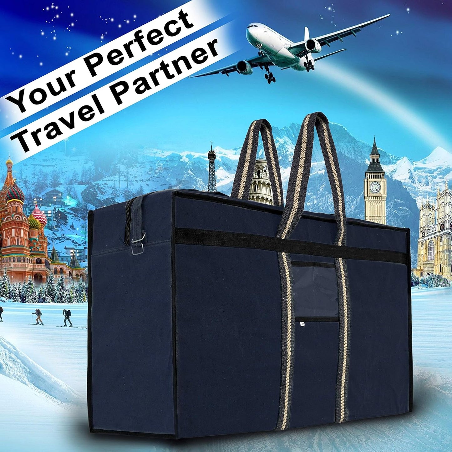 Storite Canvas 90 Liter Large Strong Carry-On Luggage Travel Luggage Duffel Storage Bag With Six Spinner Wheels & Front Transparent Pocket (Blue, 73 X 27.5 X 45 Cm)