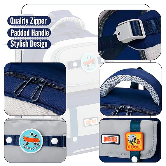 Storite Skateboard Theme School Backpack – Durable & Lightweight Bag with Cartoon Patches, Suitable for Class 5–8 Students – Navy Blue & Grey